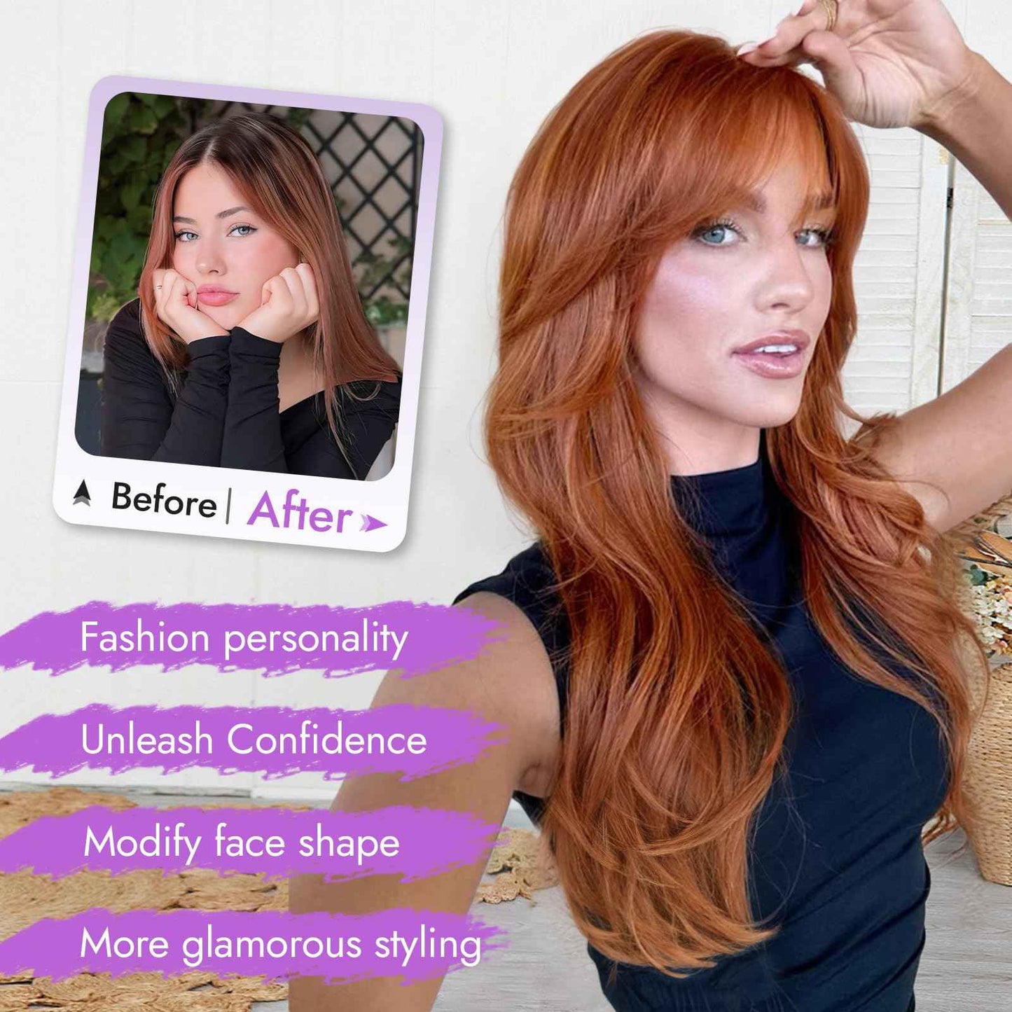 Eawwii Long Ginger Wig with Bangs for Women,4x4 Realistic Scalp, Free Parting,Layered Hairstyle Synthetic Heat Resistant for Daily Party Use 26 inch