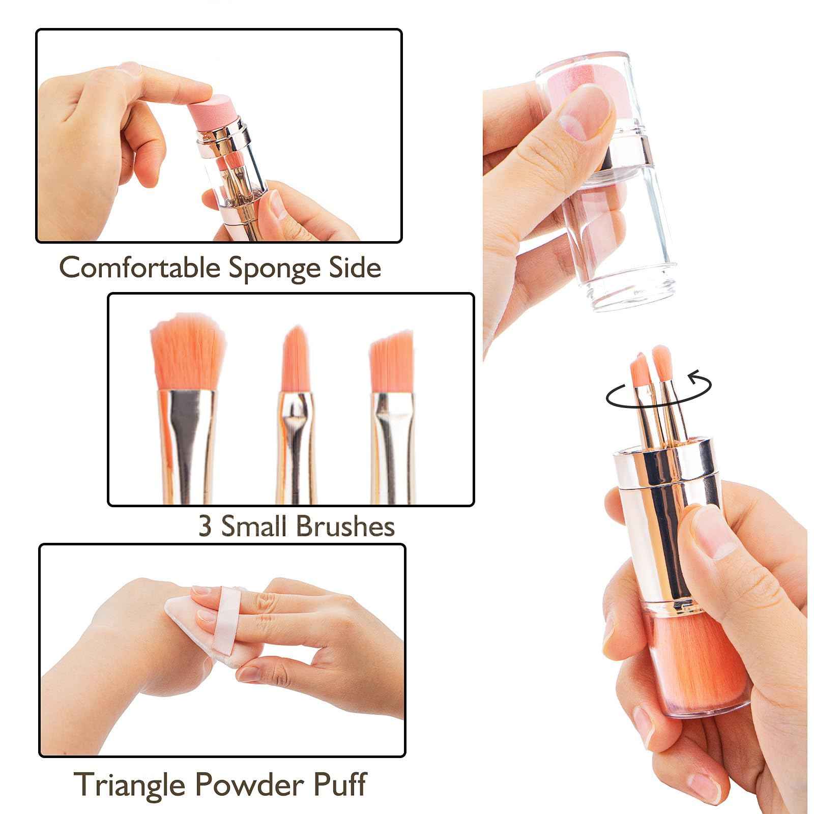 kullder Travel Makeup Brush 5 in 1 Makeup Brush set Blend Sponge Eyebrow Eyeshadow & Blush Brushes for Foundation Concealer Double Ended Makeup Brush with Powder Puff Ideal Womens Gifts