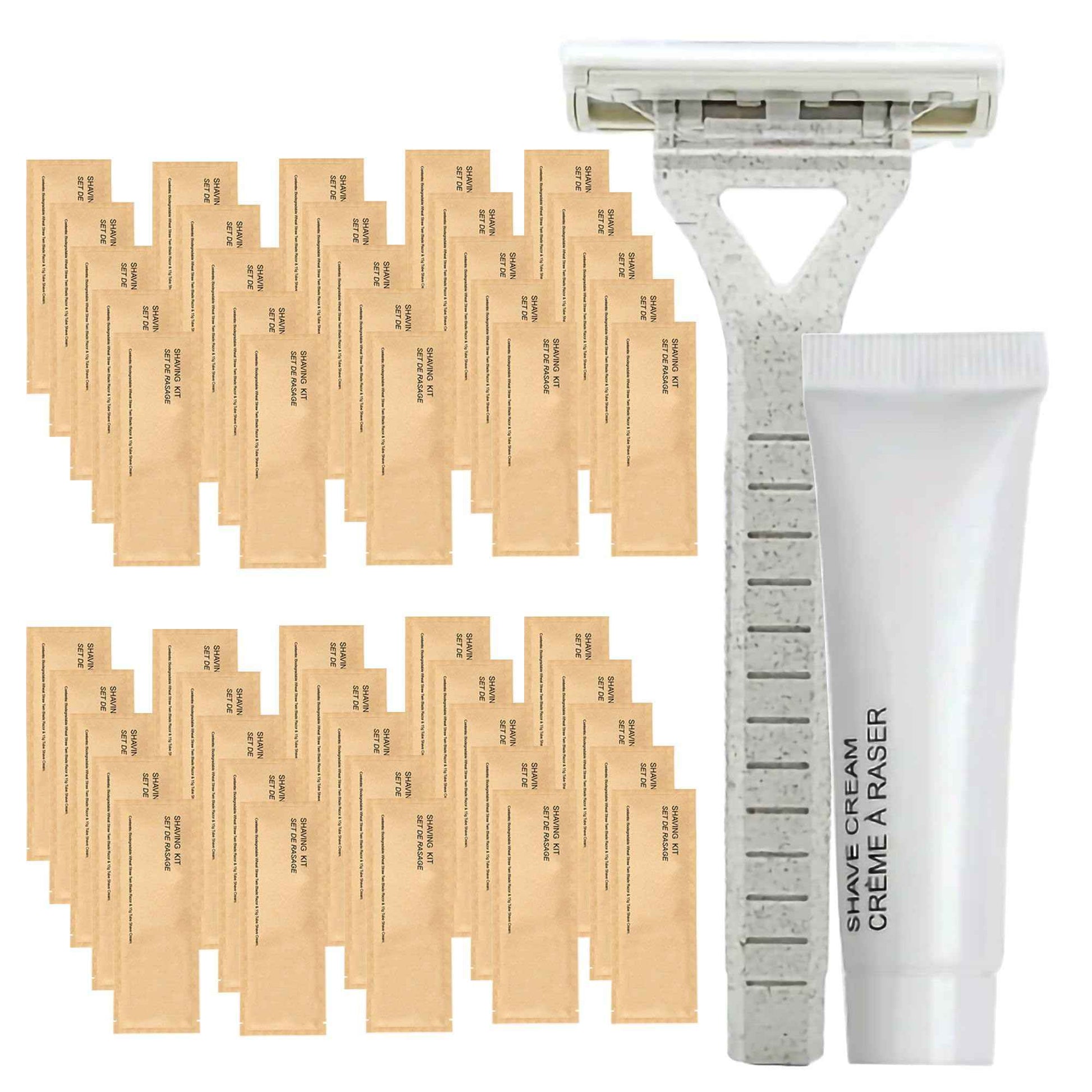 World Amenities Kraft Paper Shave Kit - Bulk Homeless Care Package - Dual Blade Safety Razor and Shave Cream Set (50 Pack)