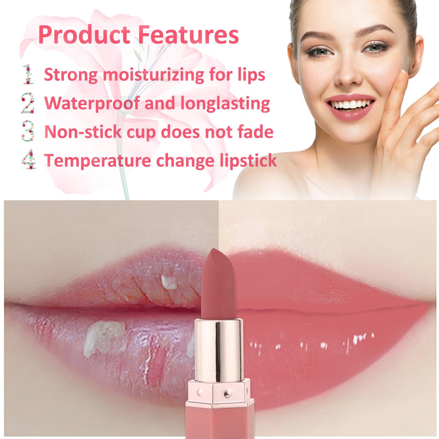 1 Pack Crystal Flower Jelly Lipstick,Magic Color Changing Lipstick,PH Clear Temperature Color Changing Lip Gloss,Lip Balm,Long Lasting Nourishing Moisturizing Lip Stick Set H01