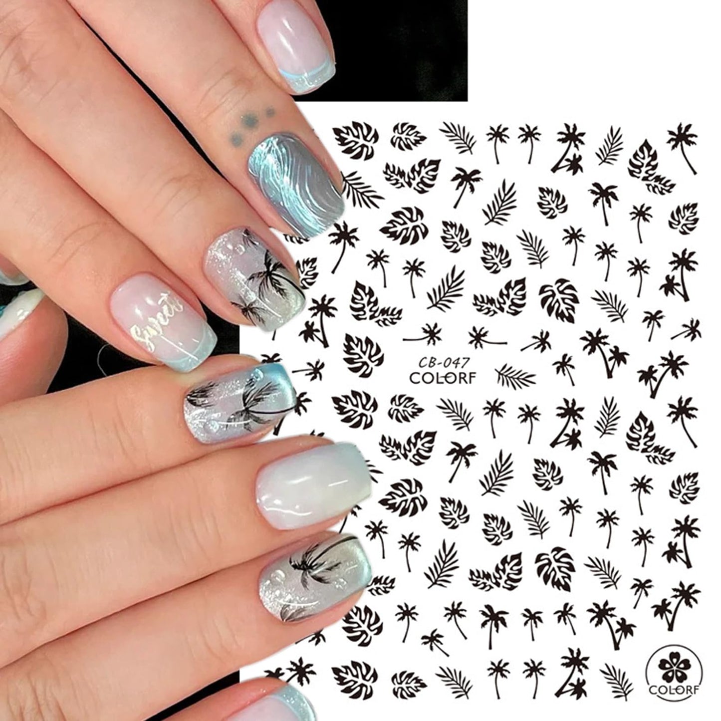 Summer Nail Art Stickers Decals, 6 Sheets Summer Coconut tree Nail Stickers Summer Stickers for Nails Beach Tropical Coconut Tree Flower Design Decals Sliders for Summer Nail Art Manicure Decorations