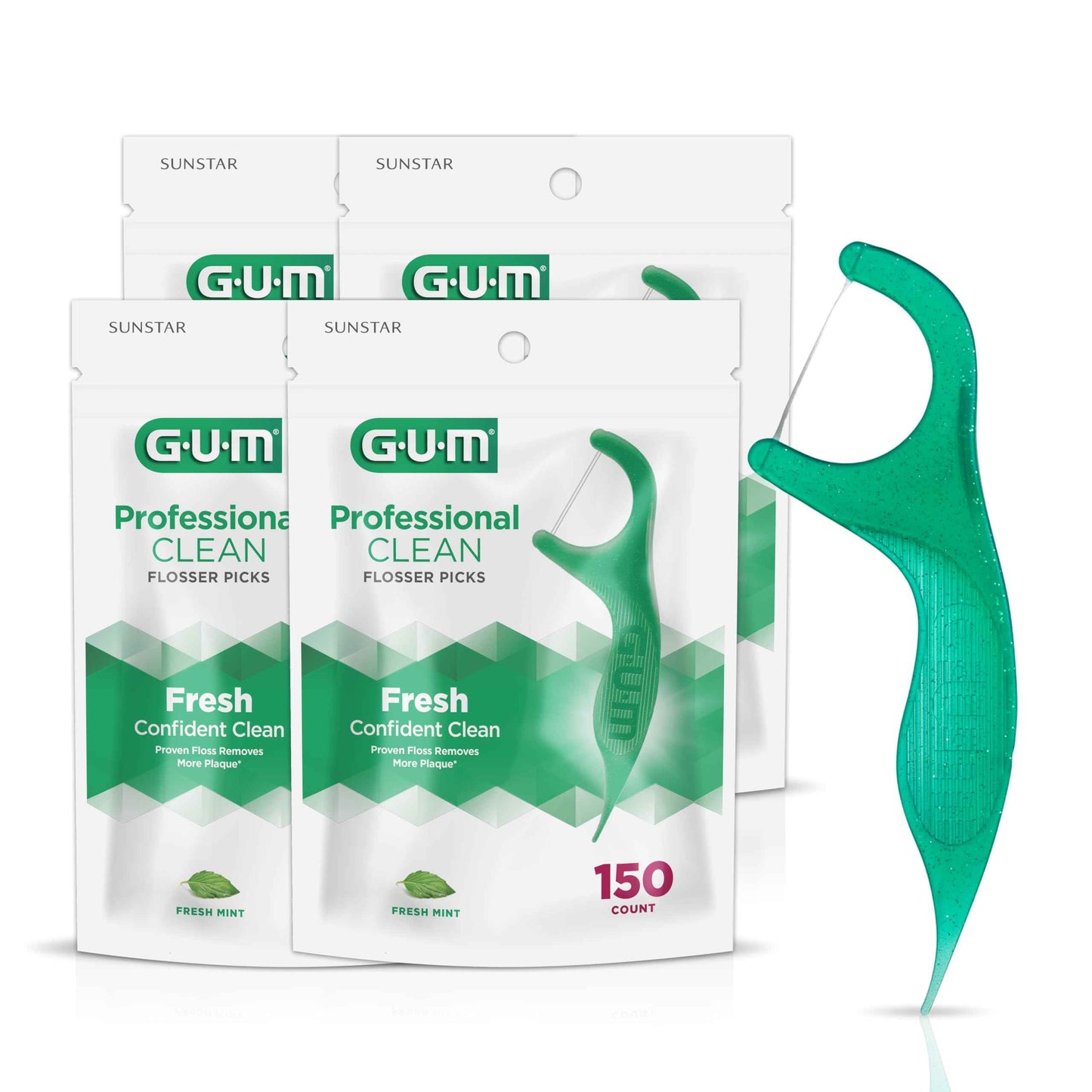 GUM Professional Clean Floss Picks - Extra Strong Shred-Resistant Floss, Easy Grip Handle - Dental Flossers for Adults - Fresh Mint Flavor, 150ct (4pk)