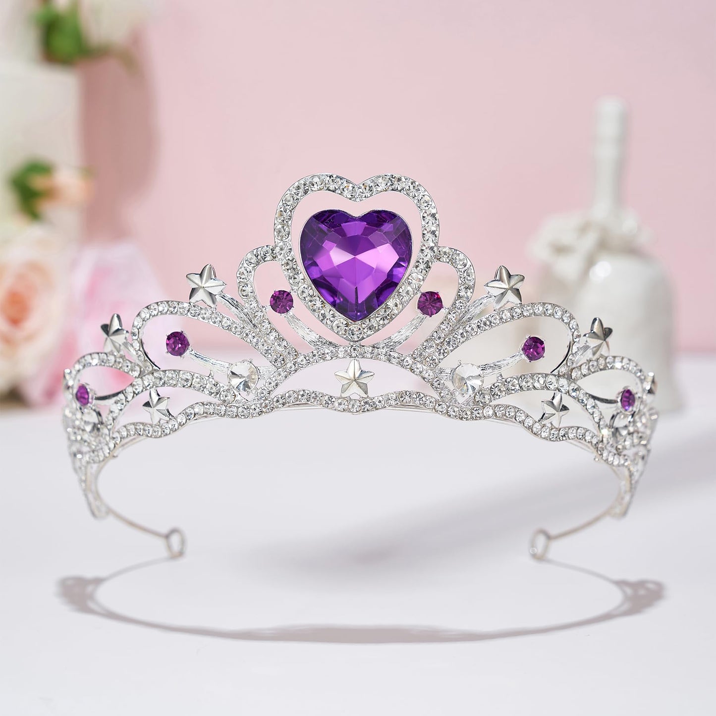 SWEETV Birthday Crowns for Women Girls Birthstone Heart Princess Tiara Silver Wedding Headband for Birth Day Party Photograph, May