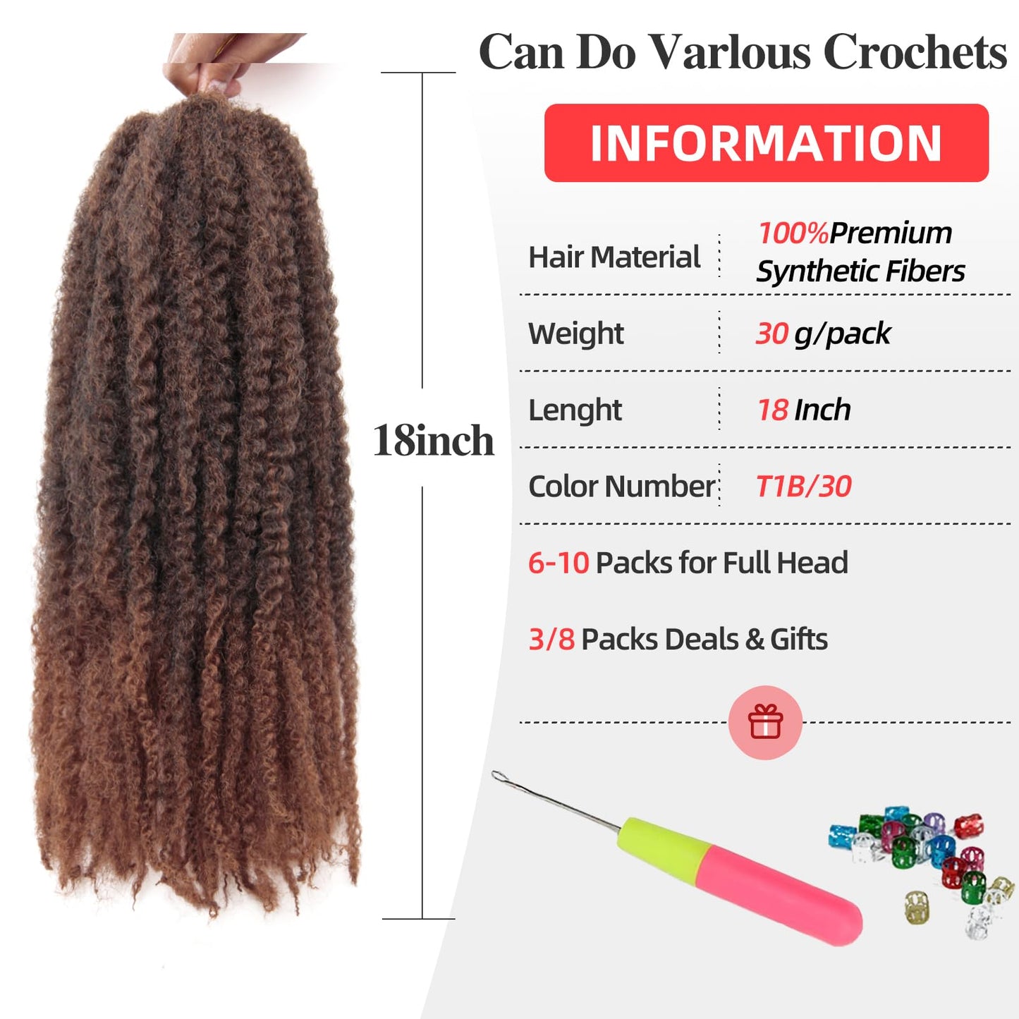 Marley Twist Braiding Hair 18 Inch Marley Twist Hair 3 Packs Cuban Twist Hair Afro Kinky CuRLY Crochet Hair Synthetic Marley Hair Extensions (18 Inch(Pack of 3),T1B/30)