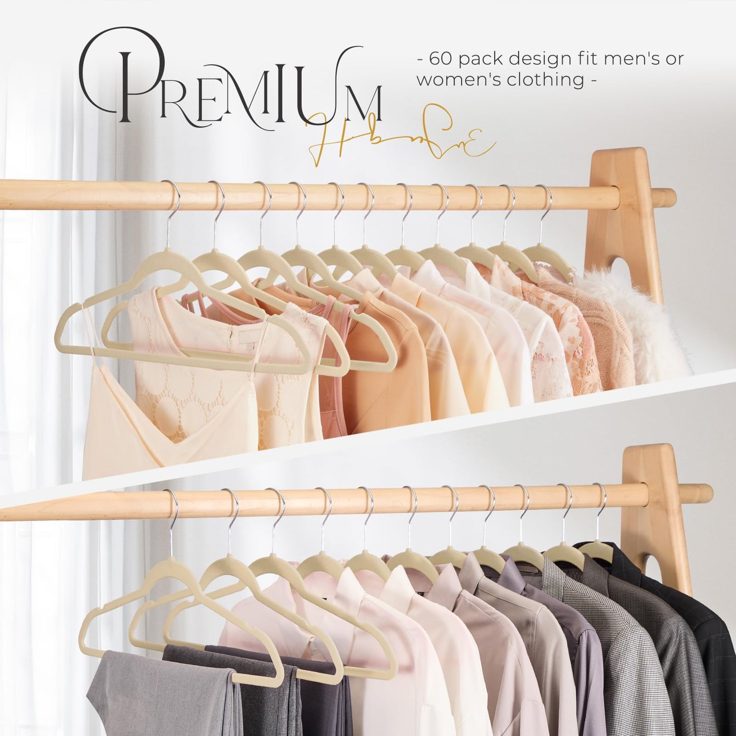 HOUSE DAY Premium Velvet Hangers, Non-Slip Thin Flocked Felt Hangers, Sturdy Clothes Hangers Heavy Duty Coat Hangers & Suit Hangers, Durable Suit Hangers for Closet Space Saving (20 Pack, Beige)