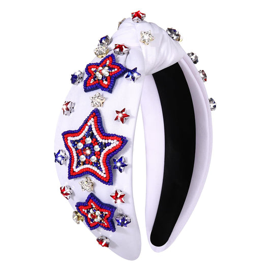 CEALXHENY 4th of July Headbands for Women, American Flag Patriotic Rhinestone Pearl Knotted Beads Embellished Jeweled White Headband Holiday Gifts