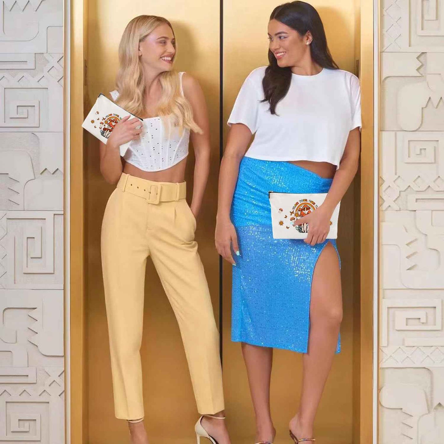 FJHAIY Mushroom Cosmetic Bag & Bracelets Gift Set - 50PCS Mushroom Stickers - Perfect for Women, Travel & Cosmetic Storage