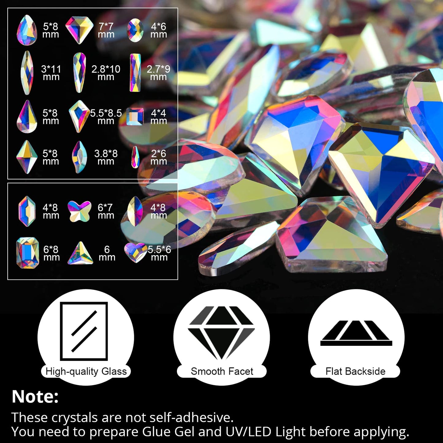 18 Styles Multi-Shaped Glass Gemstones for Nails and 6 Sizes Round Crystal Rhinestones Kit #1, Iridescent AB Nail Art Charm Bead Manicure Decoration with Pickup Pencil and Tweezer