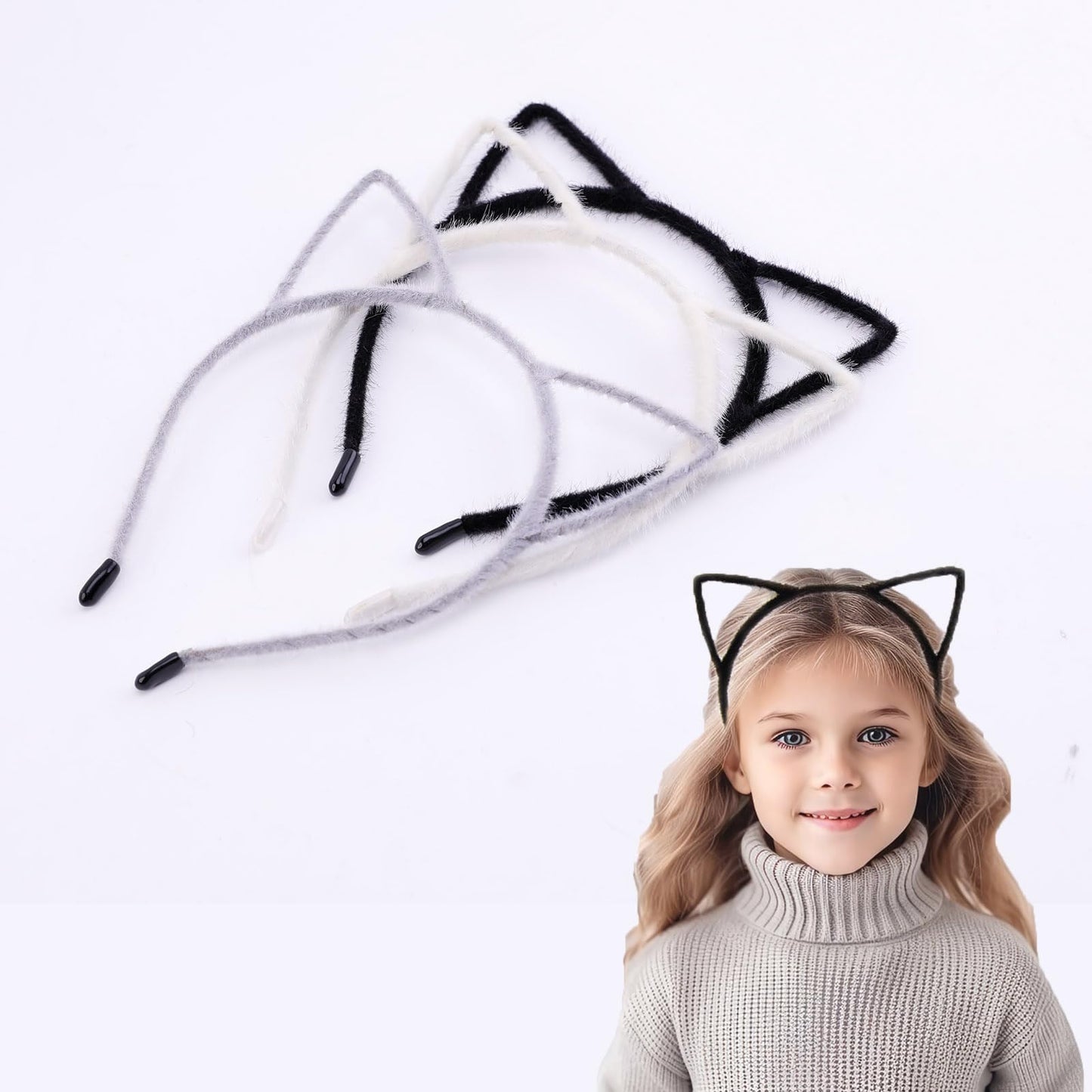 IJF 3PCS Furry Headband with Cat Ears, Hair Hoops, and Hairband for Cosplay Costume (Black/White/Grey)