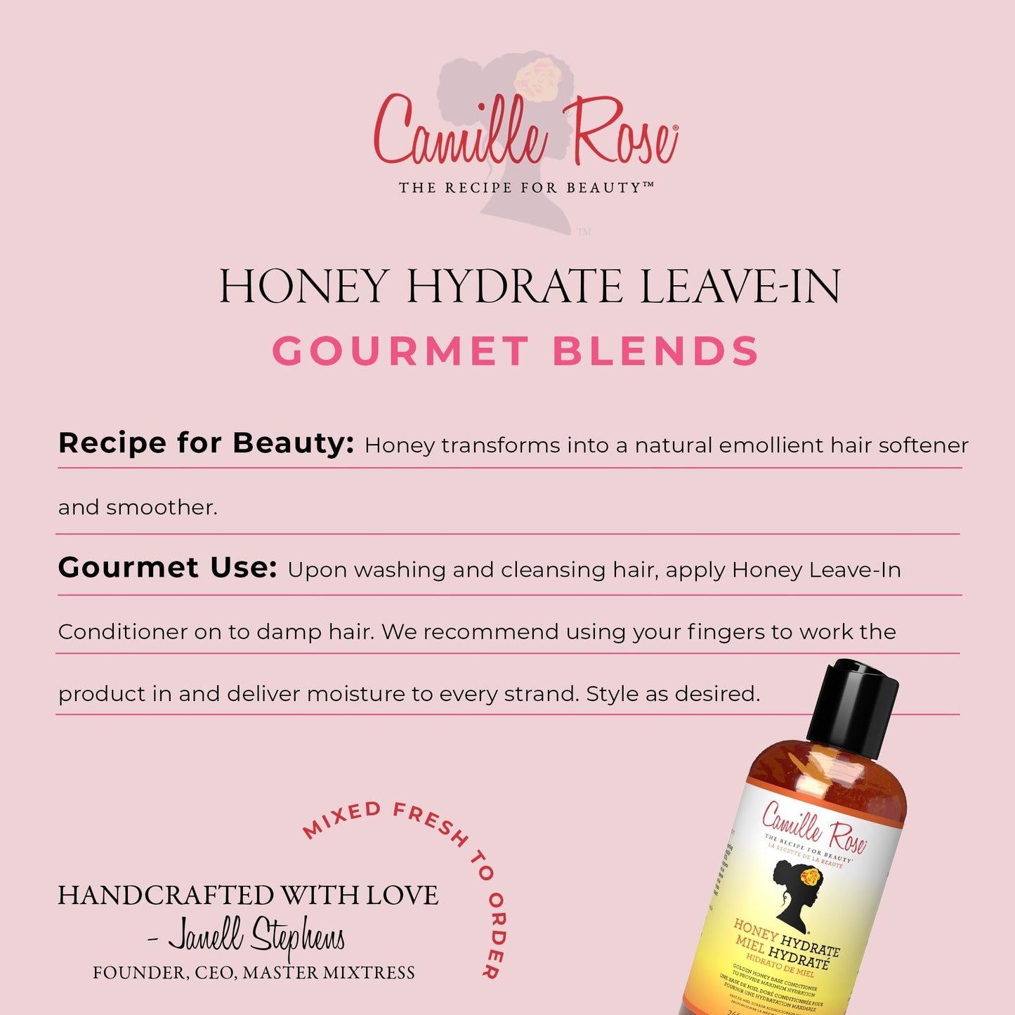 Camille Rose Honey Hydrate Leave In Conditioner, with Aloe and Olive Oil, to Soften Smooth and Protect, Moisturizer for All Hair Types, 9 fl oz