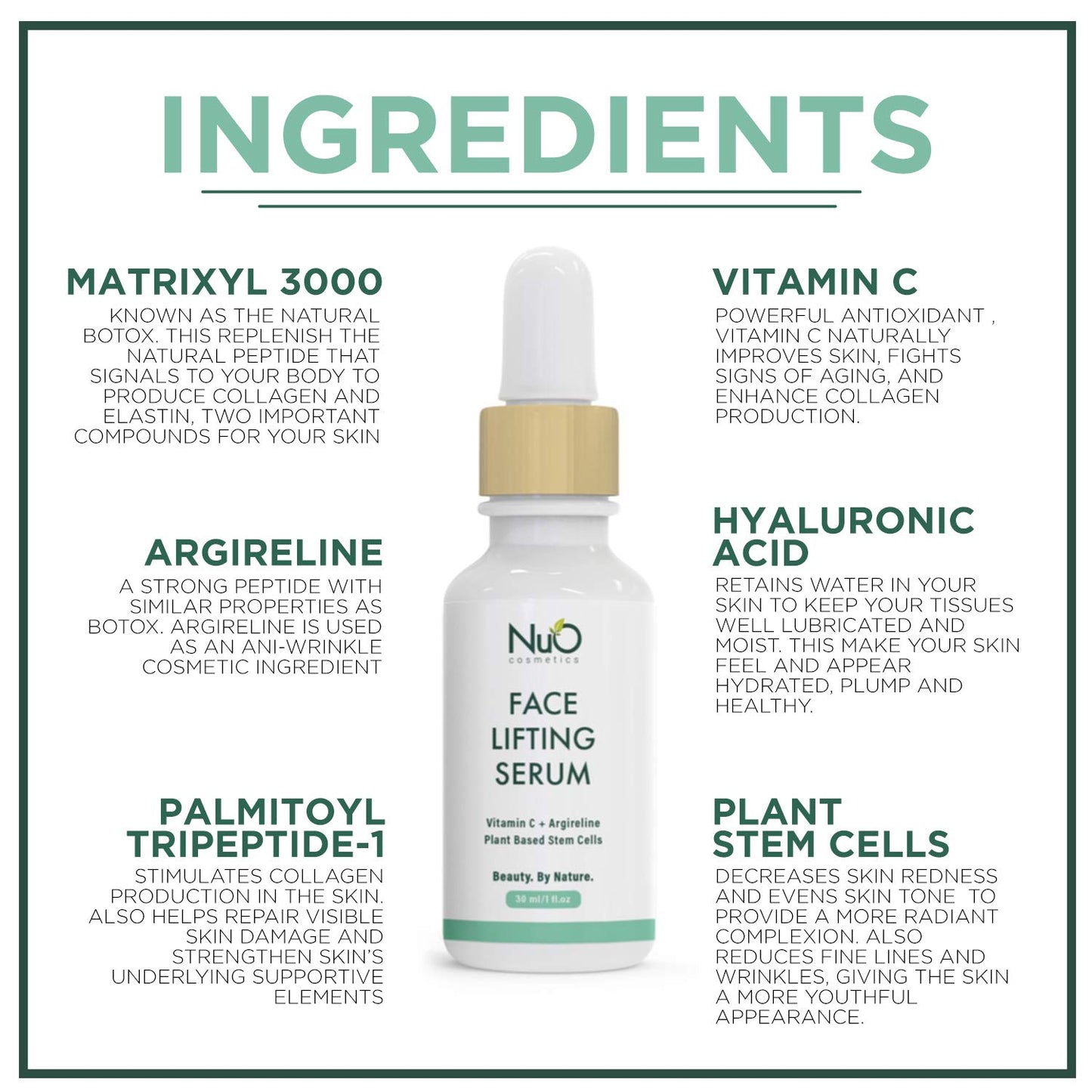 nuorganic Face Lifting Serum with Plant Stem Cells & Matrixyl 3000 - Advanced Anti-Aging to Minimize Fine Lines & Wrinkles - Vegan & Cruelty Free (1fl Oz)