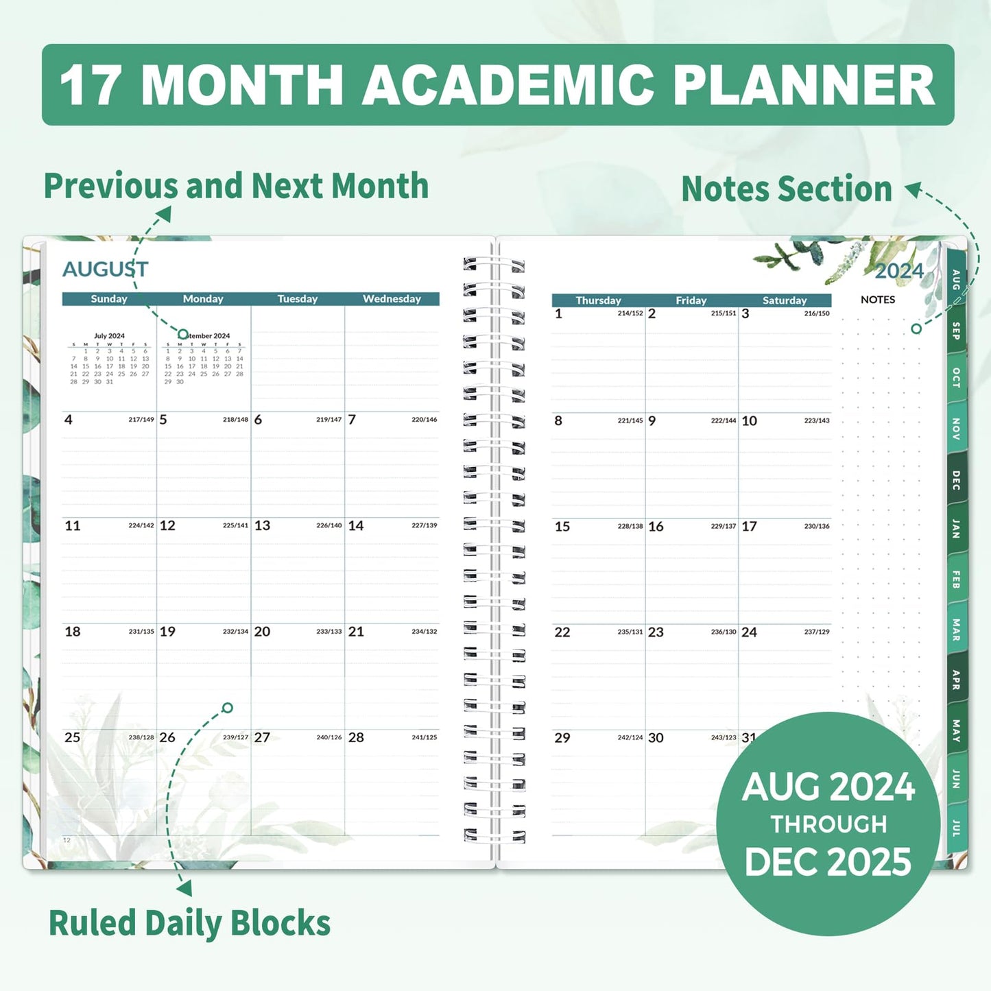 SUNEE Academic Planner 2024-2025 Weekly and Monthly - from August 2024 - December 2025, 6.4"x8.3" School Year Calendar Daily Planner with Monthly Tab, Leaves