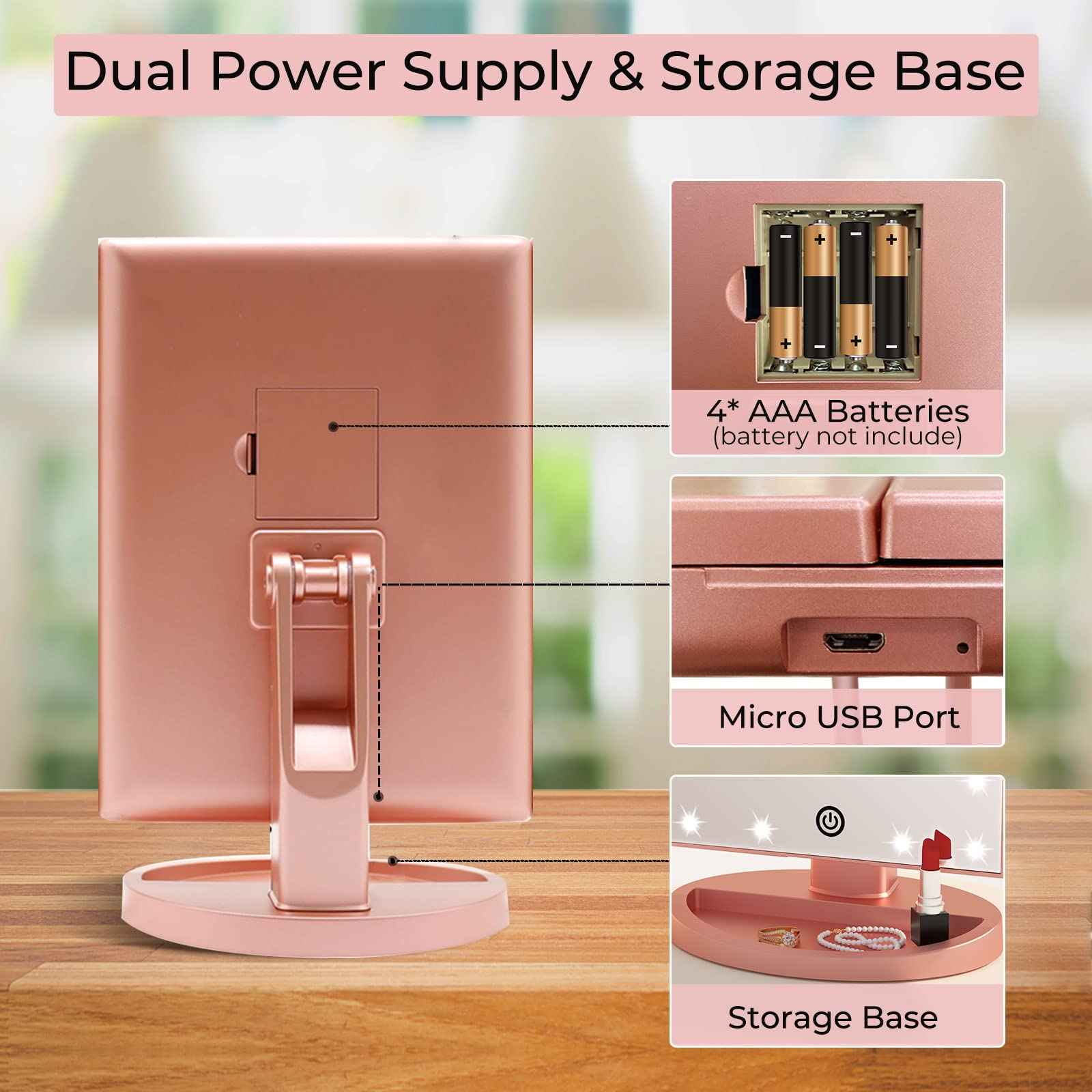 FUNTOUCH LED Lighted Makeup Vanity Mirror with 21 LED Lights, 10X/3X/2X/1X Magnifying Tri-fold Makeup Mirror with Touch Screen,Dual Power Supply,180° Adjustable Rotation,Countertop Cosmetic Mirror