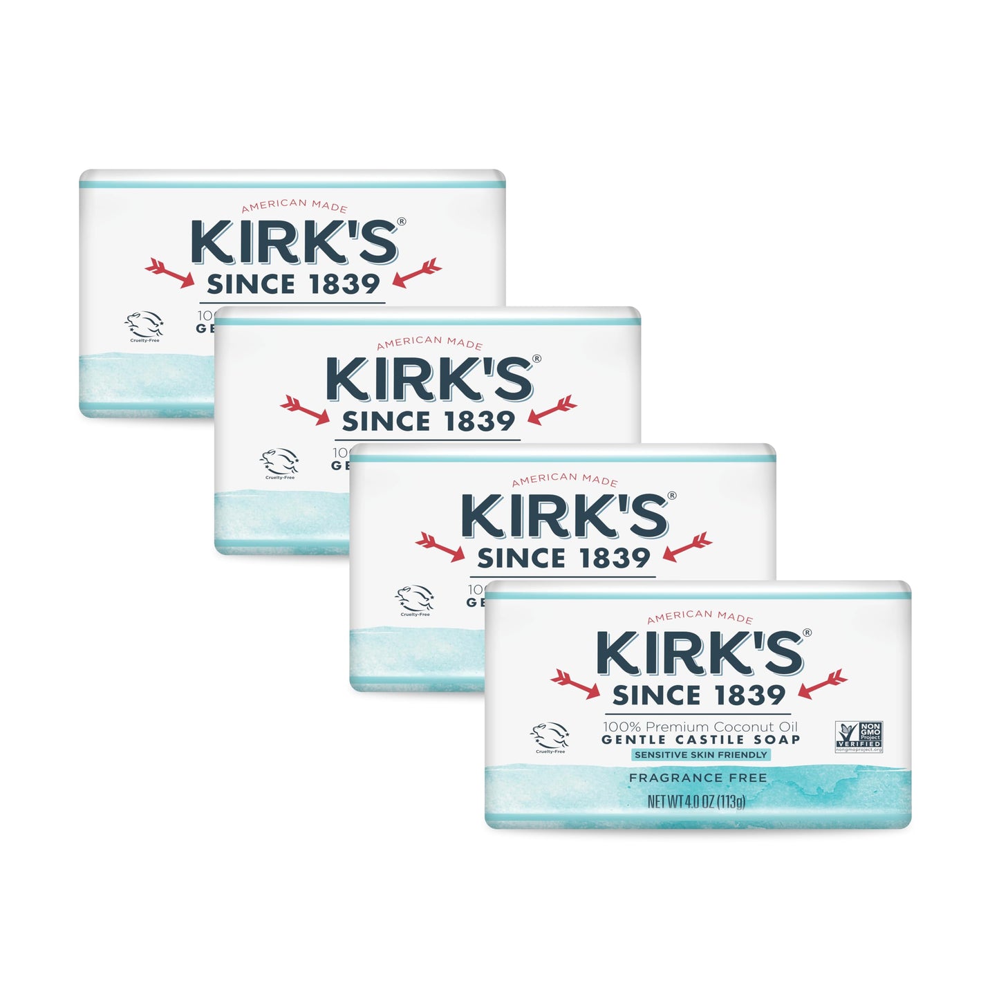 Kirk's Castile Bar Soap Clean Soap for Men, Women & Children | Premium Coconut Oil | Sensitive Skin Formula, Vegan | Fragrance-Free/Unscented | 4 oz. Bars - 4 Pack