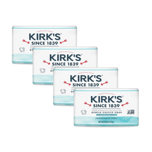 Kirk's Castile Bar Soap Clean Soap for Men, Women & Children | Premium Coconut Oil | Sensitive Skin Formula, Vegan | Fragrance-Free/Unscented | 4 oz. Bars - 4 Pack