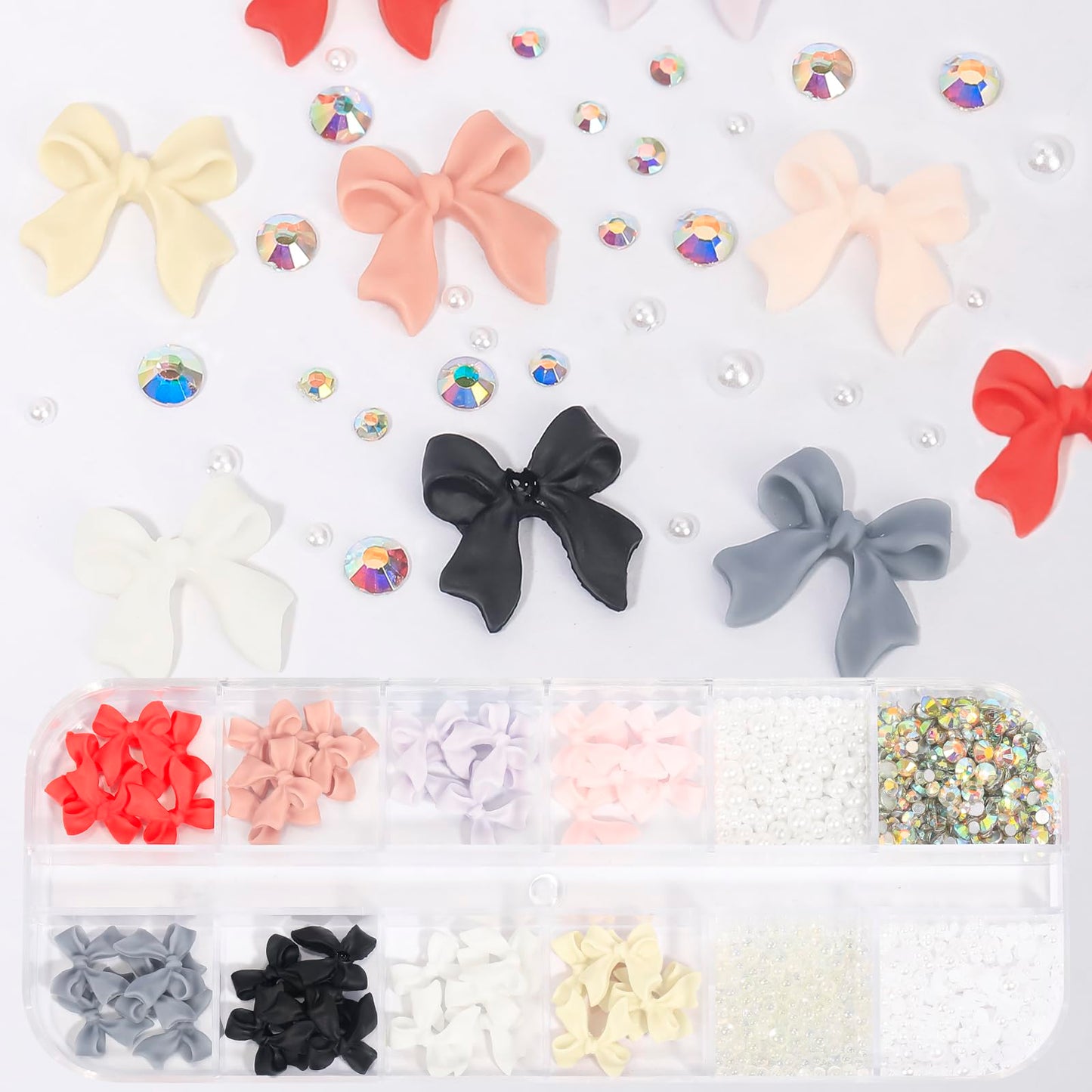 Colorful Bow-Knot Nail Stud Rhinestones Crystal 3D Bow-Knot Nail Charms Set for Acrylic Nails Mixed White Flatback Nails Jewelry Gem Stones Nail Beads Nail Art Rhinestones for Nail Design DIY 2#