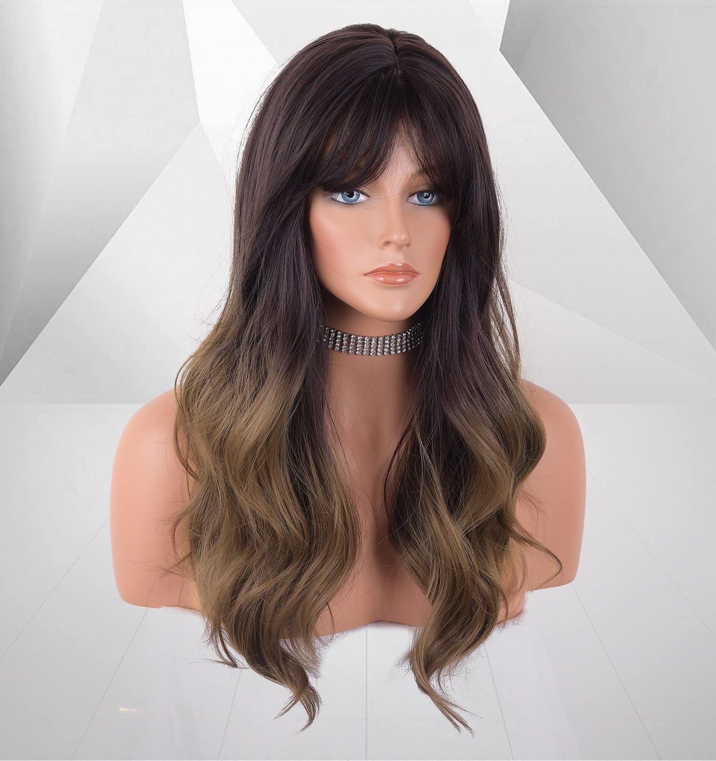 LANOVA Ombre Brown Wig with Bangs, Synthetic Wigs Brown Hair Wavy Wig, Glueless Afro Wig 22 inch LANOVA-180