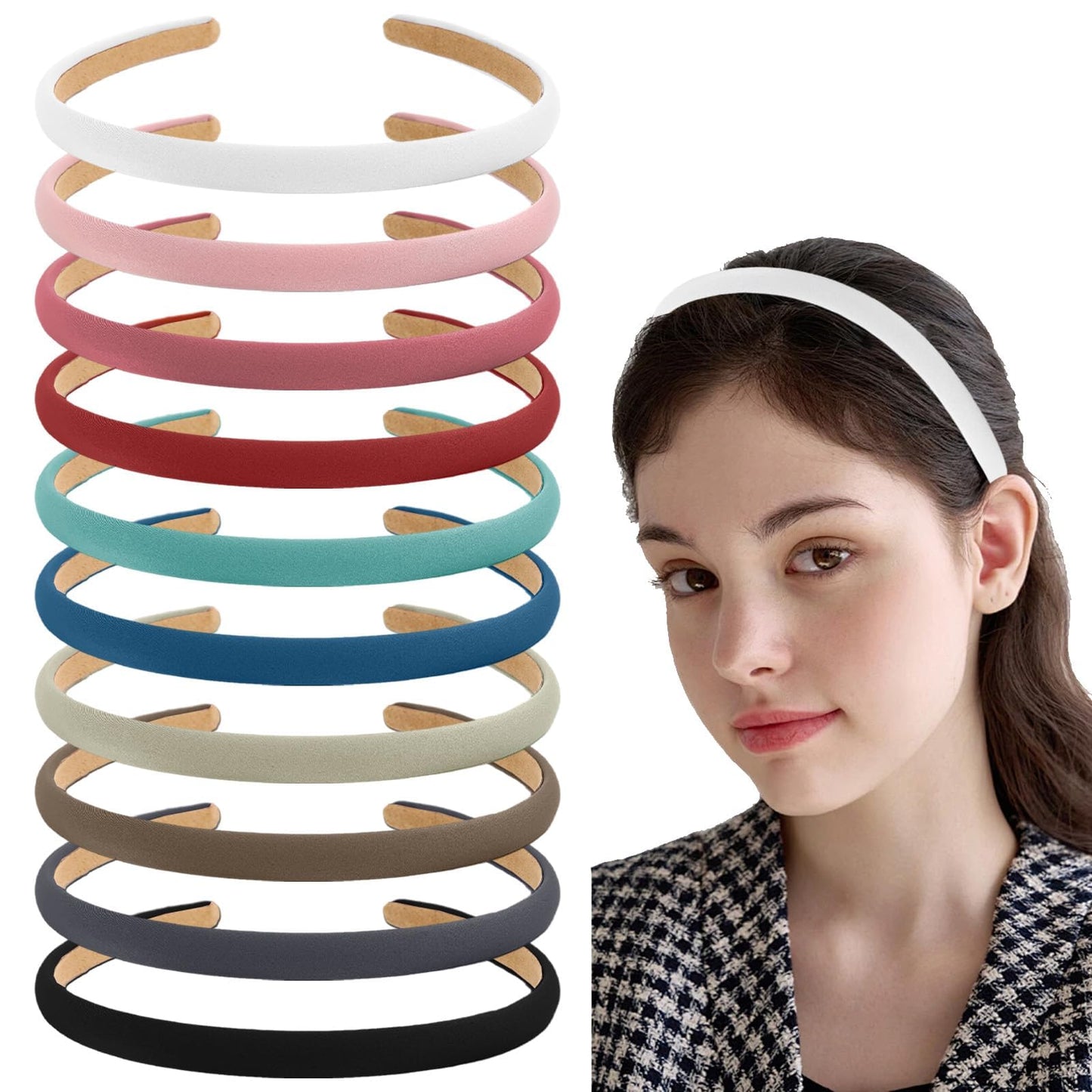 AUDTOPE 10PCS 0.42" Satin Headband for Women Girls Thin Headbands,Non-Slip Soft Wide Hairbands Satin Headband Hair Accessories,Comfortable color