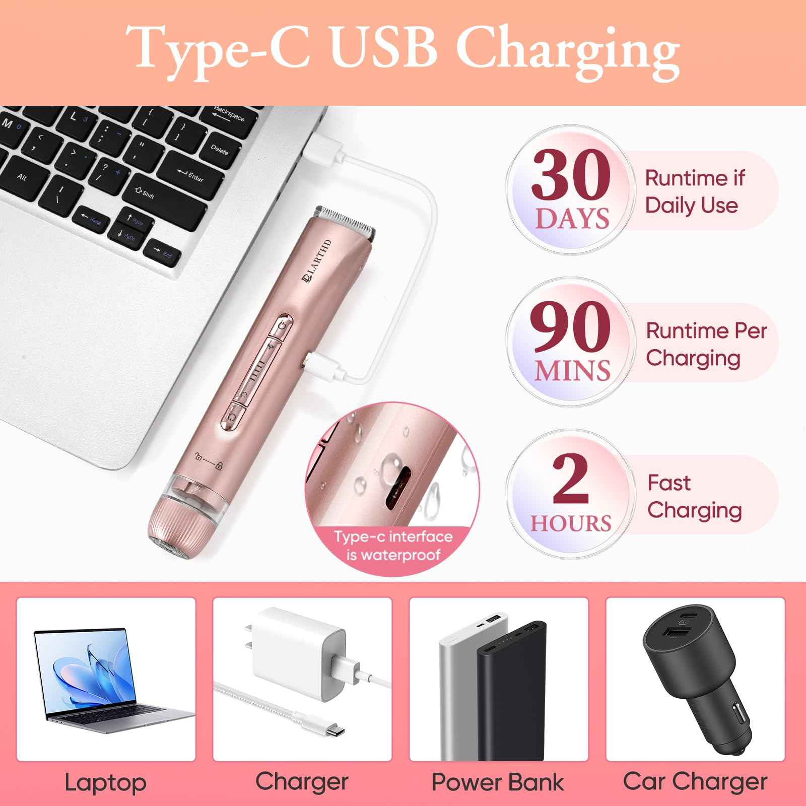 LARTHD 2 in 1 Women Electric Shaver Dual Head Bikini Trimmer for Women IPX7 Waterproof Wet & Dry Use Body Hair Trimmer and Facial Hair Remover for Bikini Underarm Leg Arm Body Face