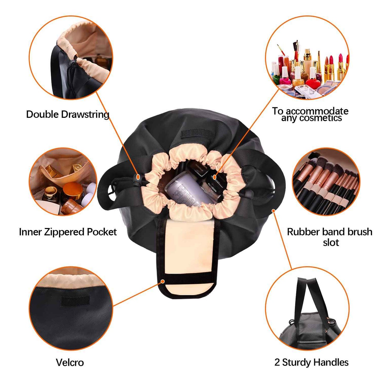 FANGENKE Large Drawstring Makeup Organizer,Lay Barrel Makeup Bag Leather Cosmetic Bag Toiletry Bag for Travel,Portable Waterproof Make Up Bags for Women Brush Toiletries Accessories (Black Large)