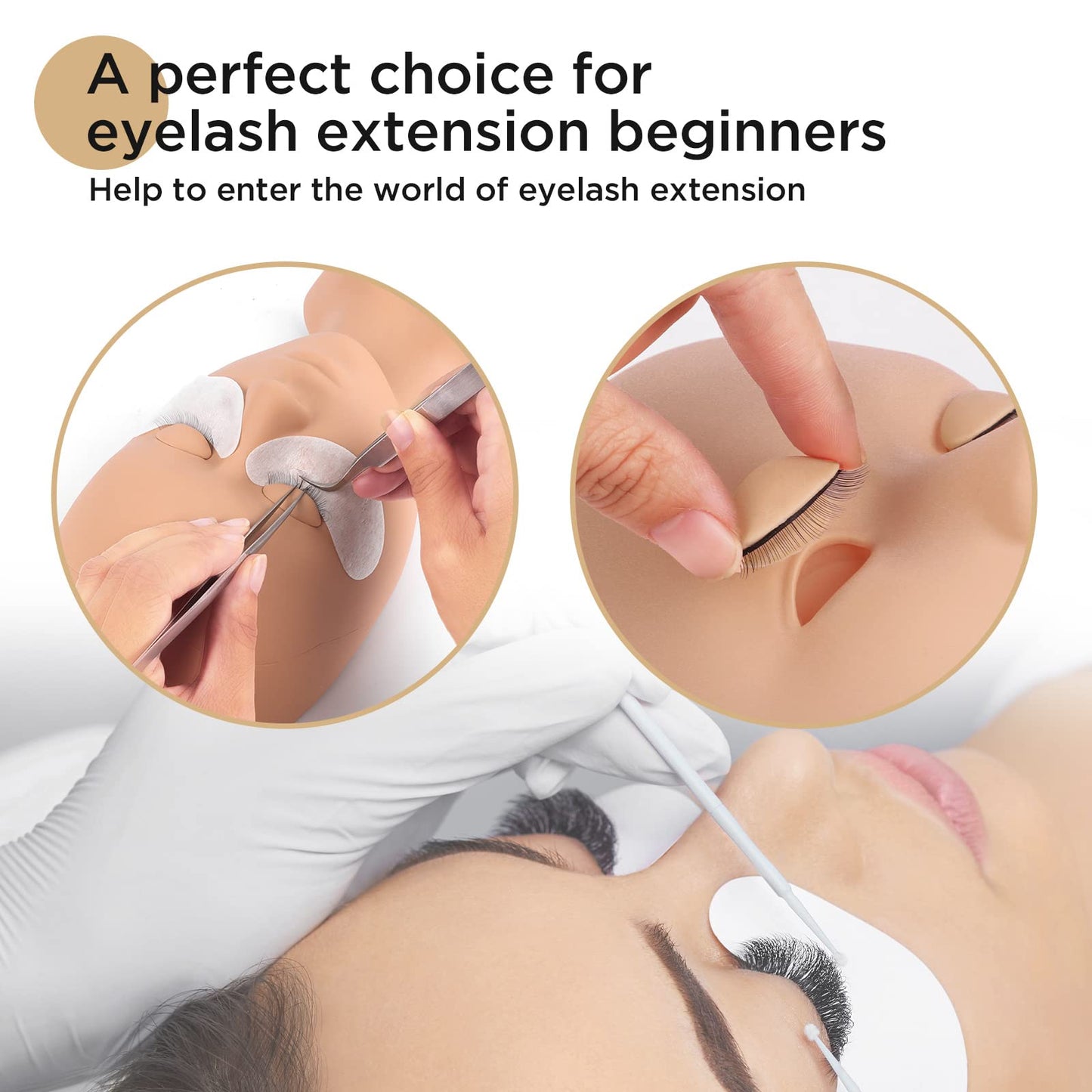 LASHVIEW Lash Mannequin Head , with 4 Pairs Replaced Eyelids Practice, Makeup Soft-Touch Rubber, Natural Skin Color