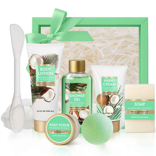 Premium Coconut Christmas Spa Gift Baskets for Women, 8 Piece Luxury Bath Set with Bubble Bath & Bath Bombs, Tropical Gift for Her, Anniversary or Birthday Present - Body Scrub, Lotion, Hand Cream