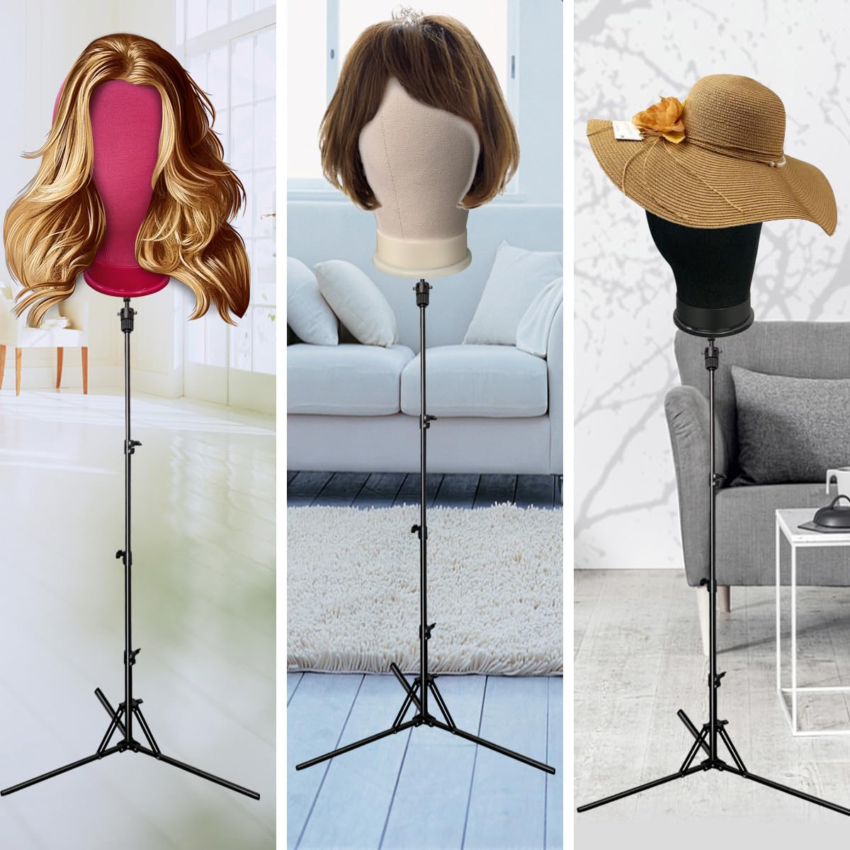 Ginogend Upgrade Mannequin Head Stand, Adjustable Foldable Wig Stand Tripod, Reinforced Metal Mannequin Head Tripod Stand for Cosmetology Hairdressing Training