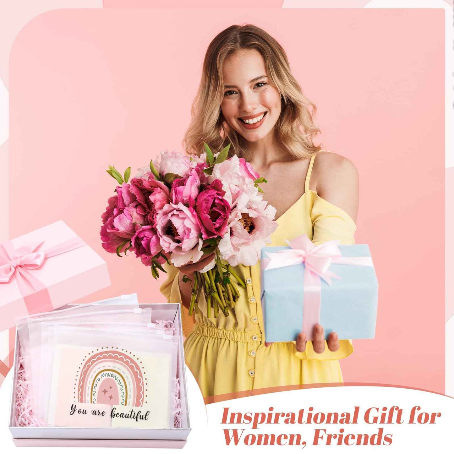 Wesiti 50 Pcs Rainbow Cosmetic Bag Inspirational Gift Motivational Quotes Christian Makeup Bag Bulk Waterproof Zipper Pouch for Women Girl Teacher Christmas Gift(You Are Beautiful)