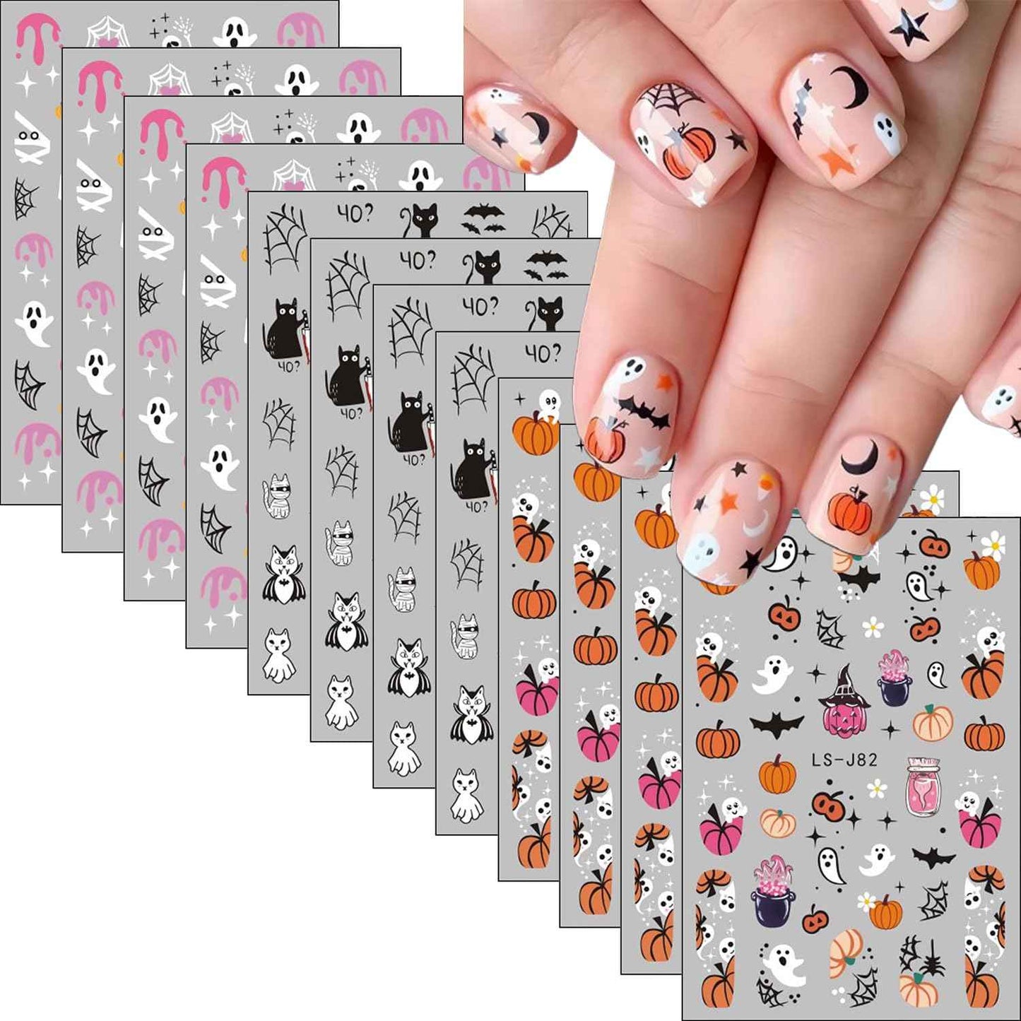 12 Sheets Halloween Nail Stickers Pumpkin Nail Decals 3D Self-Adhesive Ghost Spider Web Design Manicure Supplies Bat Cat Nail Art Sticker for Women Girls Holiday DIY Nail Decorations