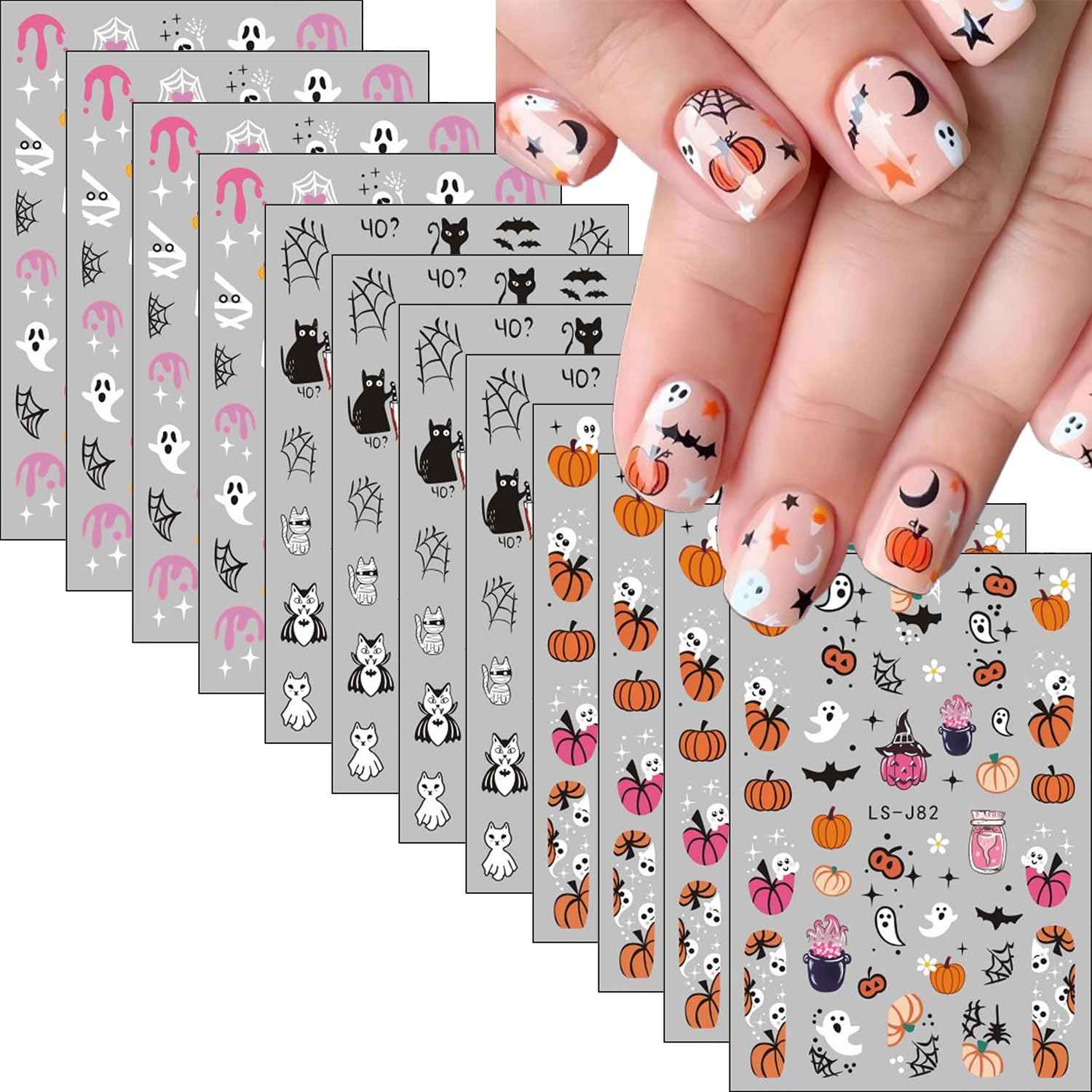 12 Sheets Halloween Nail Stickers Pumpkin Nail Decals 3D Self-Adhesive Ghost Spider Web Design Manicure Supplies Bat Cat Nail Art Sticker for Women Girls Holiday DIY Nail Decorations