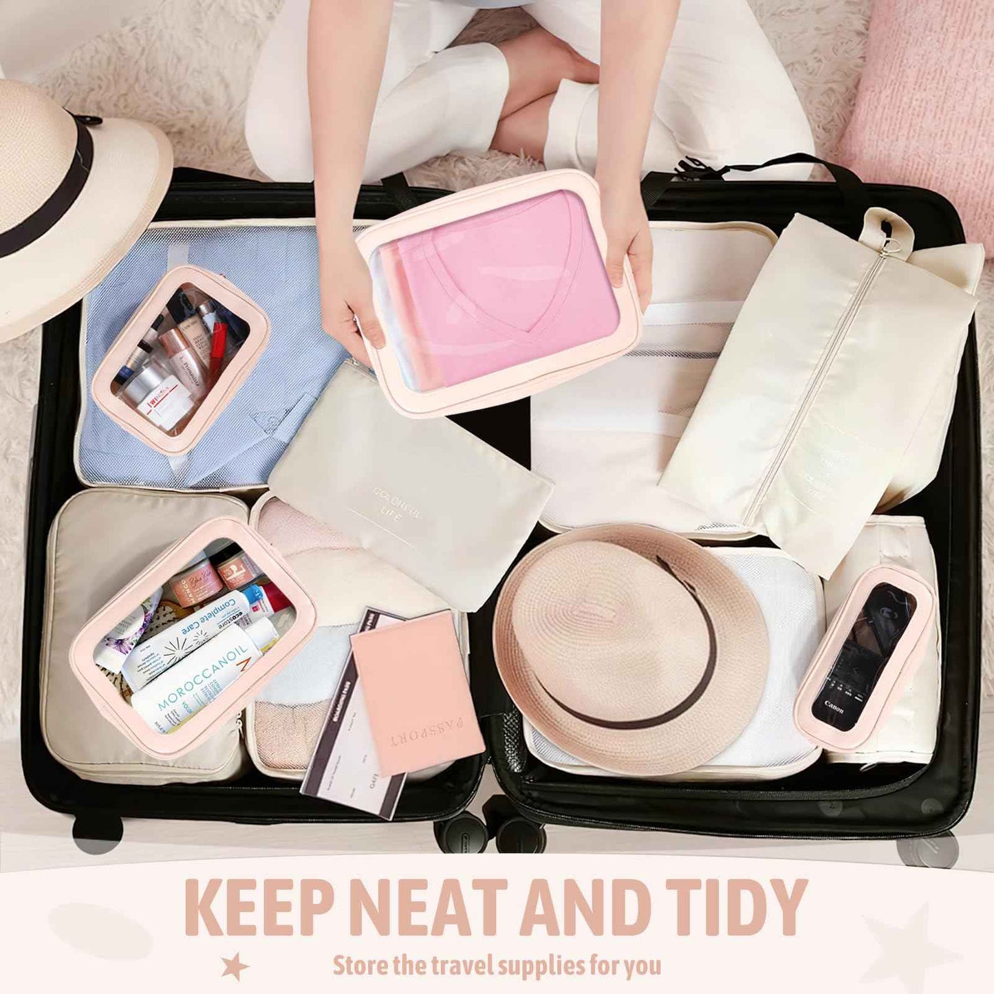 YOPCDJ 5PCS Clear Toiletry Bag,TSA Approved Travel Makeup Pouch with Zipper for Cosmetics and Toiletries，Diaper Bag Organizer Pouch Set，Women's Purse Organizer and Clear Car Bag