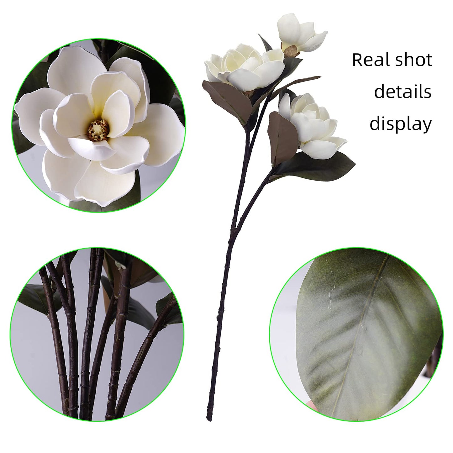 MINYULUA 3Pcs Artificial Magnolia Flowers, 29.5" Long White Magnolia Stem Flower, Faux Wedding Flower Bouquet Vase Floral Arrangement for Table Centerpiece Wedding Holidays Party Home Decor