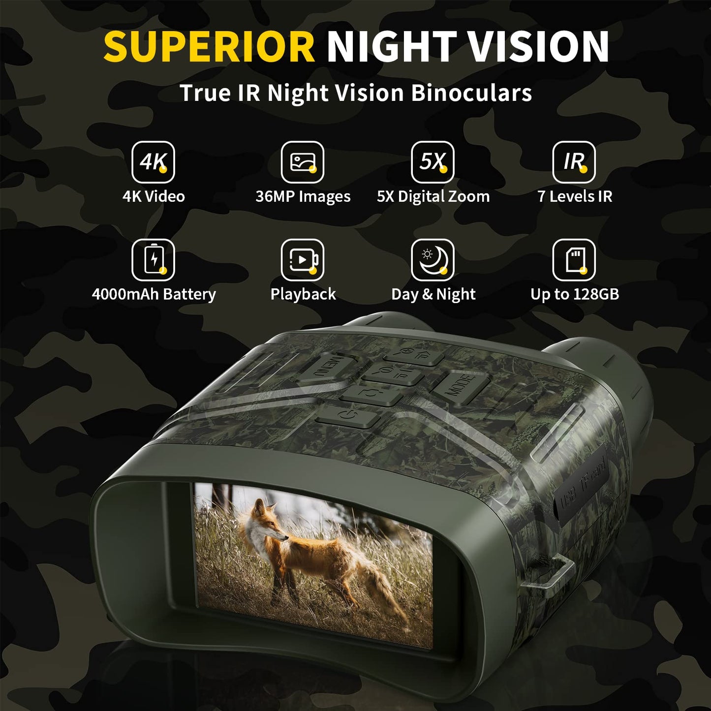 HEXEUM Night Vision Goggles - 4K Night Vision Binoculars for Adults, 3'' HD Screen Binoculars can Save Photo and Video with 32GB TF Card, Camouflage, NV4000C