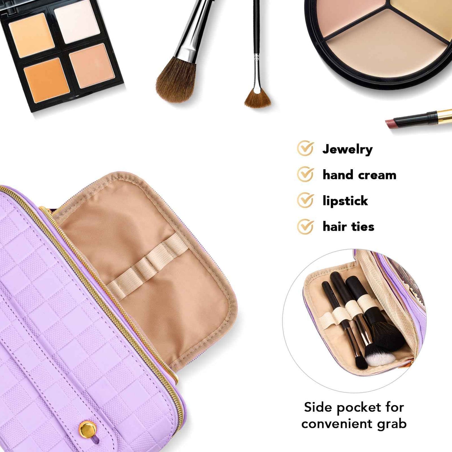 Travel Makeup Bag for Women, Large Capacity PU Leather Waterproof Checkered Cosmetic Bags, Portable Pouch Open Flat Toiletry Bag, Make up Organizer with Divider and Handle, Purple