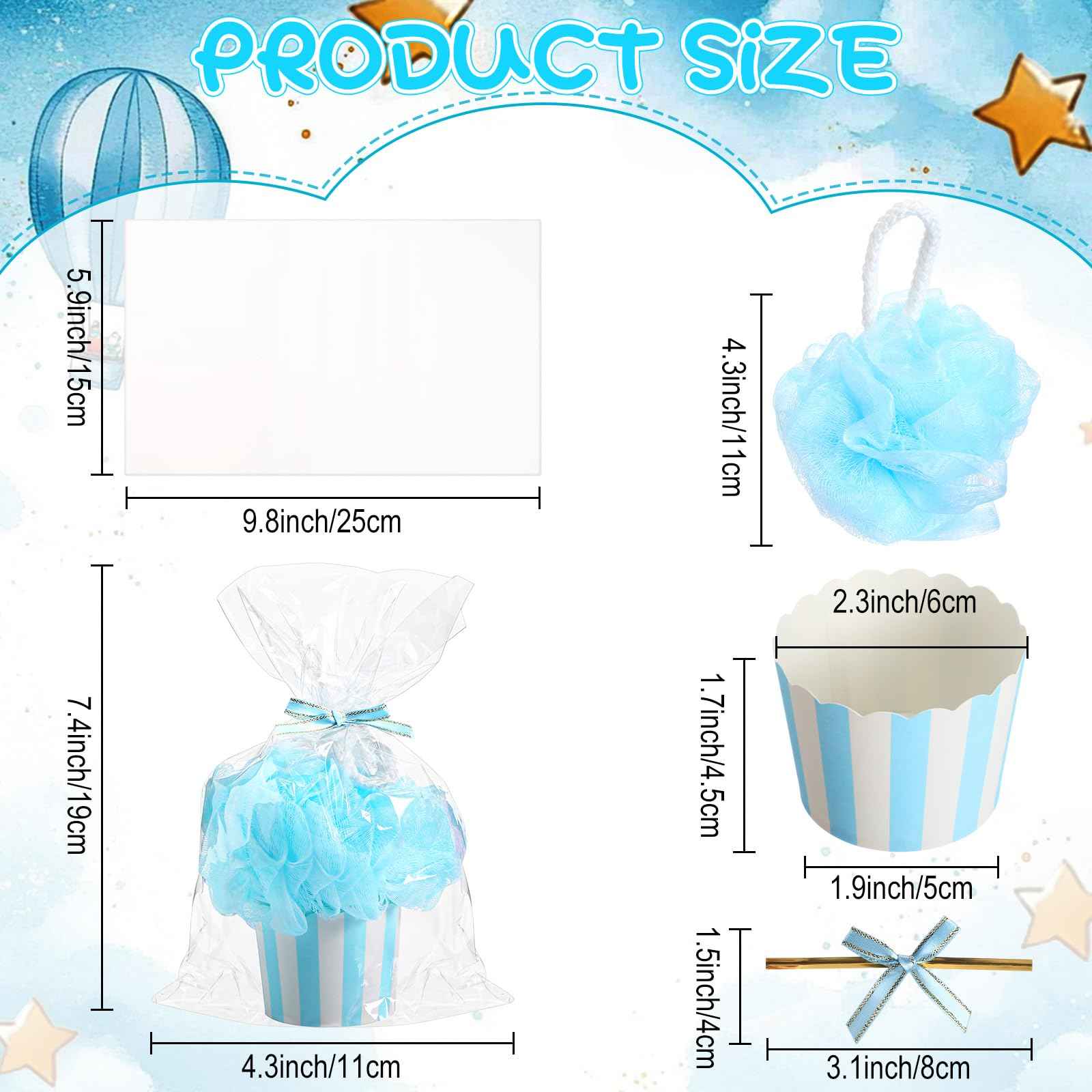50 Set Baby Shower Loofahs Party Favors for Guests Include Bath Sponge Loofahs with Cupcake Gift Packaging Bow and Clear Plastic Bags for Baptism Gender Reveal Birthday Wedding Stuffers (Blue)