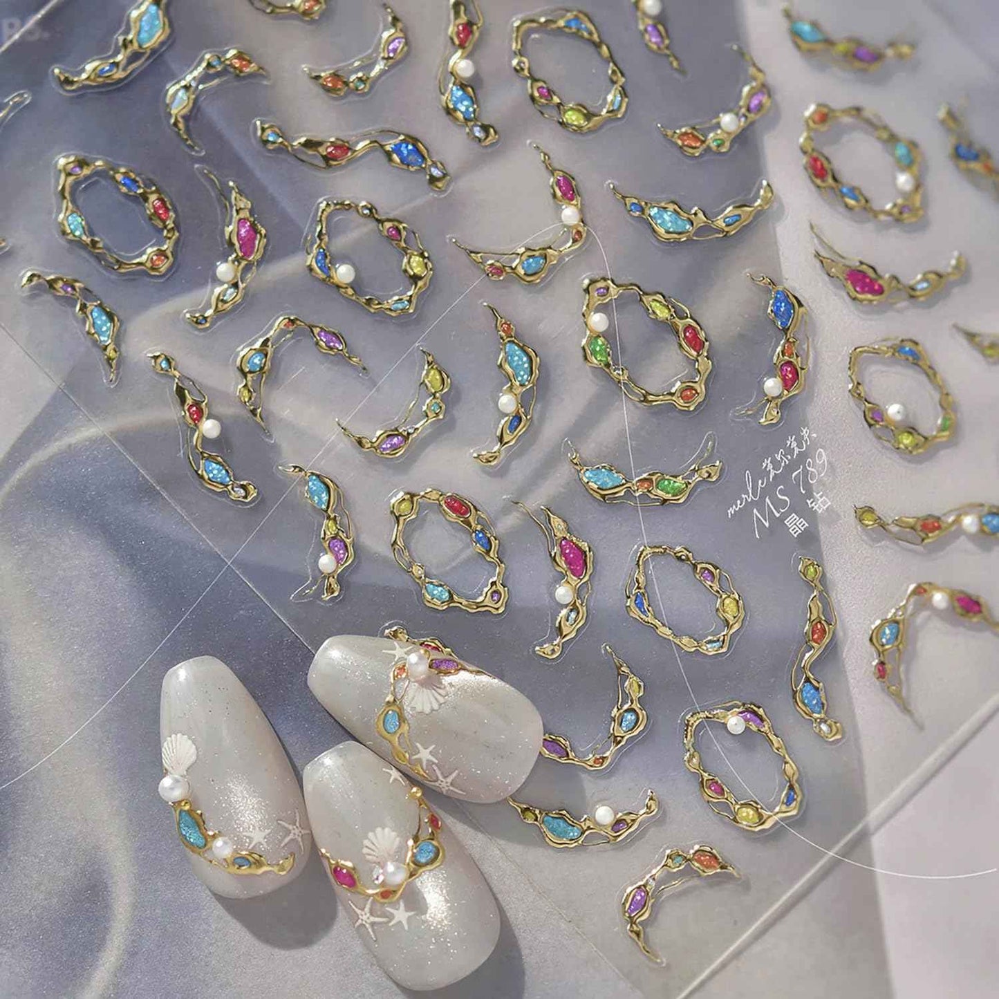 1 Sheets Embossed Gold Nail Stickers for Nail Art 5D Gem Nail Art Stickers Pearl Crystal Diamond Design Decals Self-Adhesive Gems Nail Decoration Summer Nail Decals for Women Nails Supplies