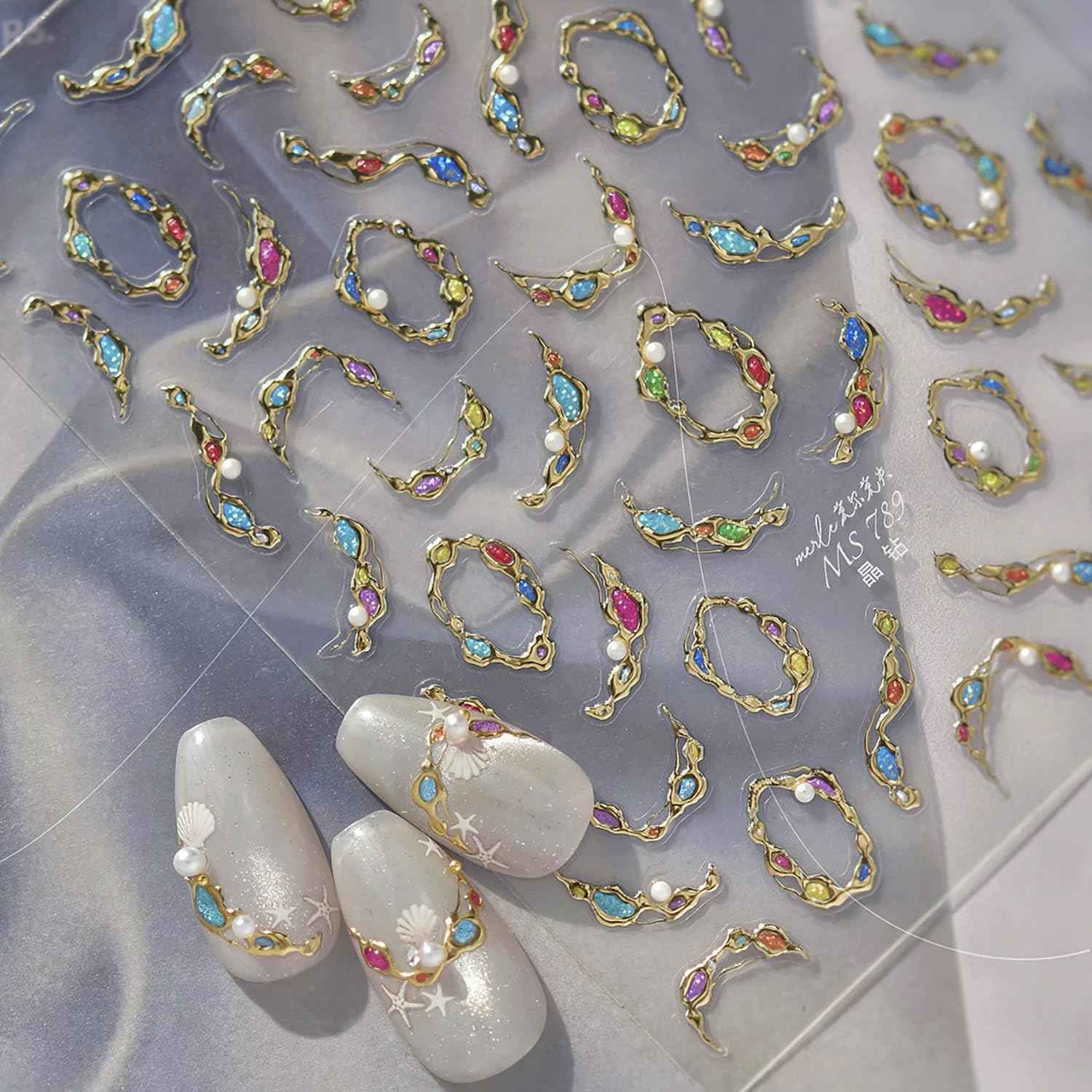 1 Sheets Embossed Gold Nail Stickers for Nail Art 5D Gem Nail Art Stickers Pearl Crystal Diamond Design Decals Self-Adhesive Gems Nail Decoration Summer Nail Decals for Women Nails Supplies