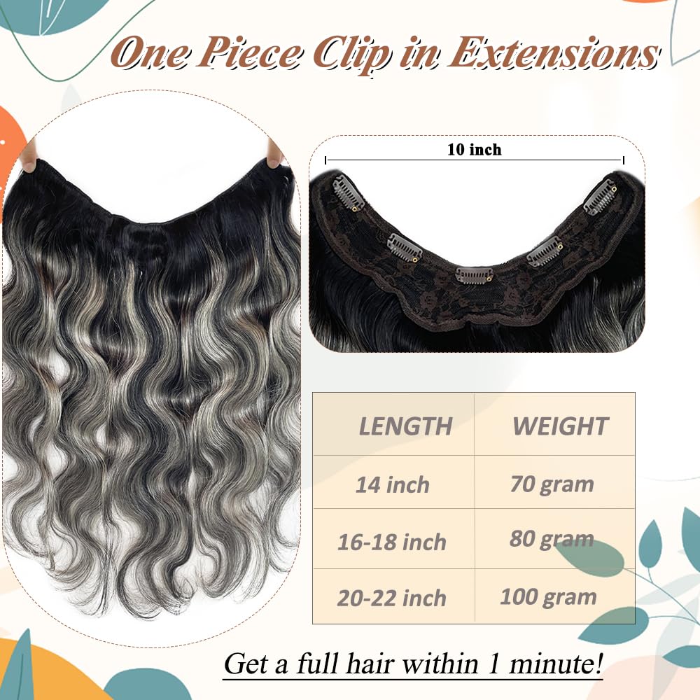 Body Wave Human Hair Clip in Extensions, One Piece Natural Black to Grey Clip in Hair Extensions Real Human Hair Clip in Hair Extensions Human Hair Curly Remy Hair Extensions Clip in Human Hair 14”