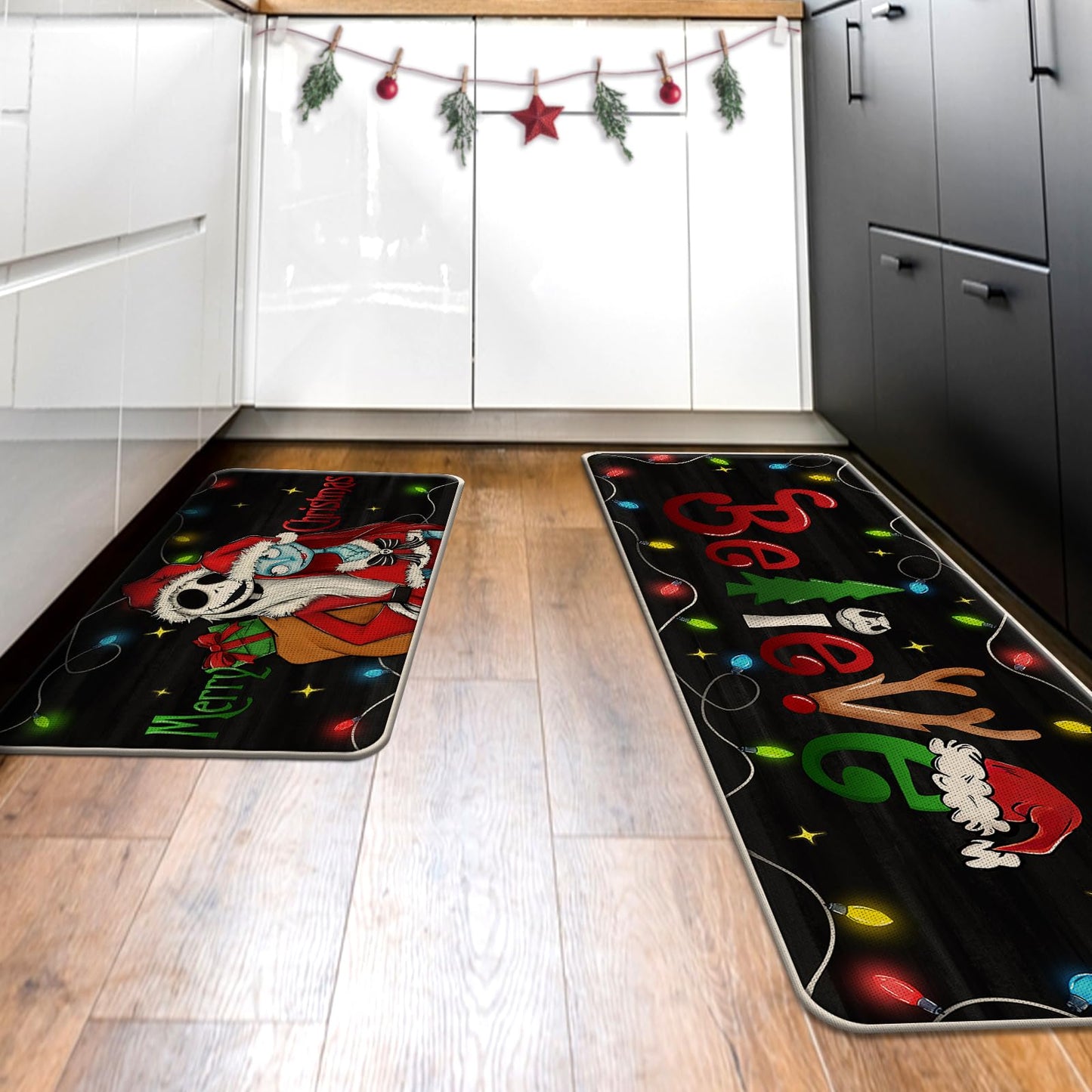 Tailus Merry Christmas Believe Kitchen Rugs Set of 2, Xmas Jack Skellington Sally Black Kitchen Mats Decor, Funny Holiday Floor Door Mat Home Decorations -17x29 and 17x47 Inch