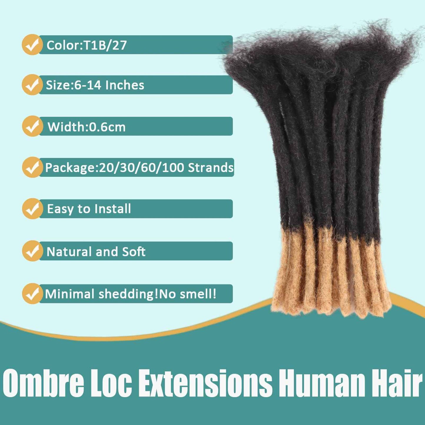 Viovian 0.6cm Ombre Loc Extensions Real Human Hair 8 Inch 30 Strands Dread Lock Human Hair Dreadlock Extensions for Men/Women Color 1b/27