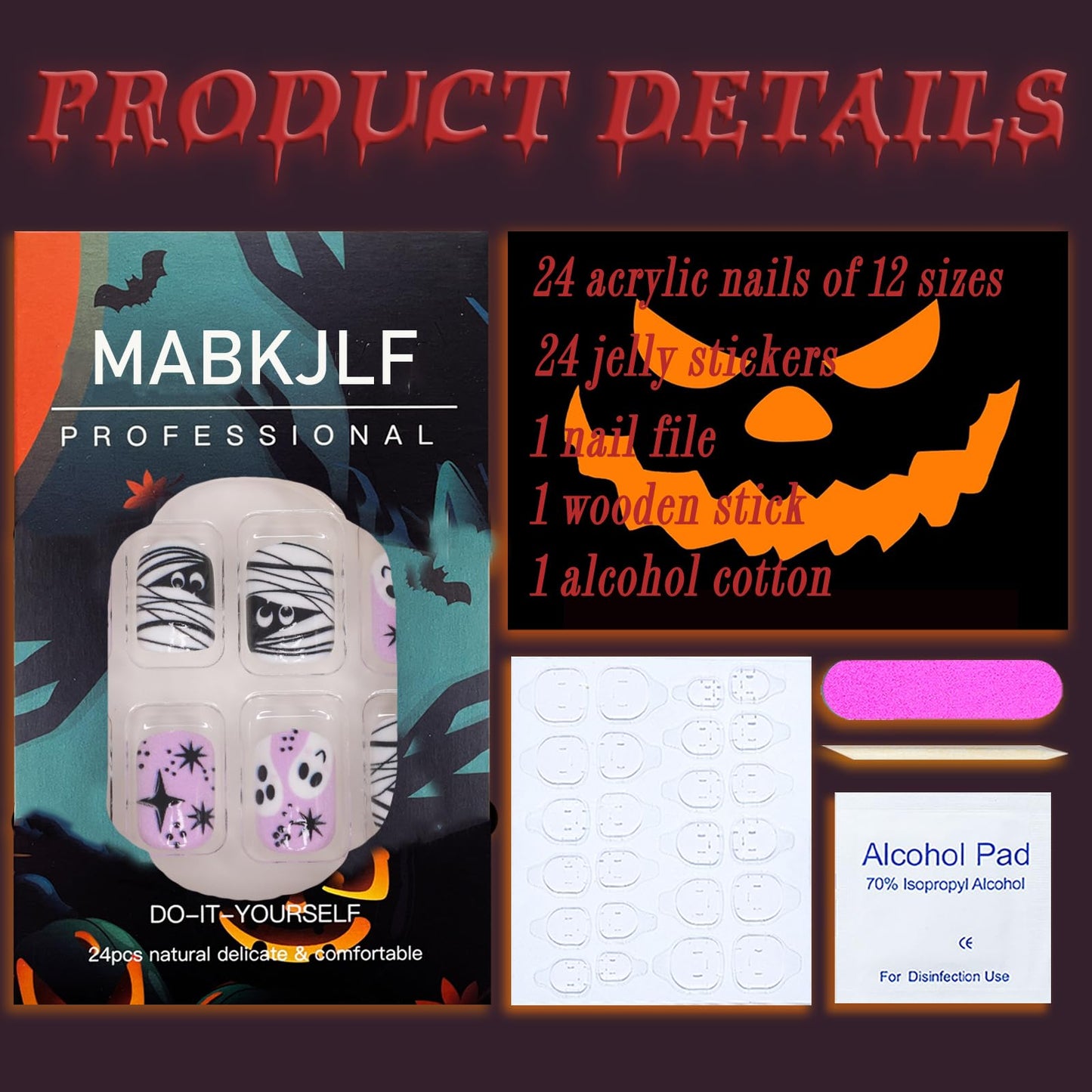 Halloween Press on Nails Short Square Mummy Fake Nails Purple Full Cover Skull Patch False Nails with Stars Designs Glossy Glue on Nails Cute Acrylic Nails Artificial Nails for Women Girls 24Pcs