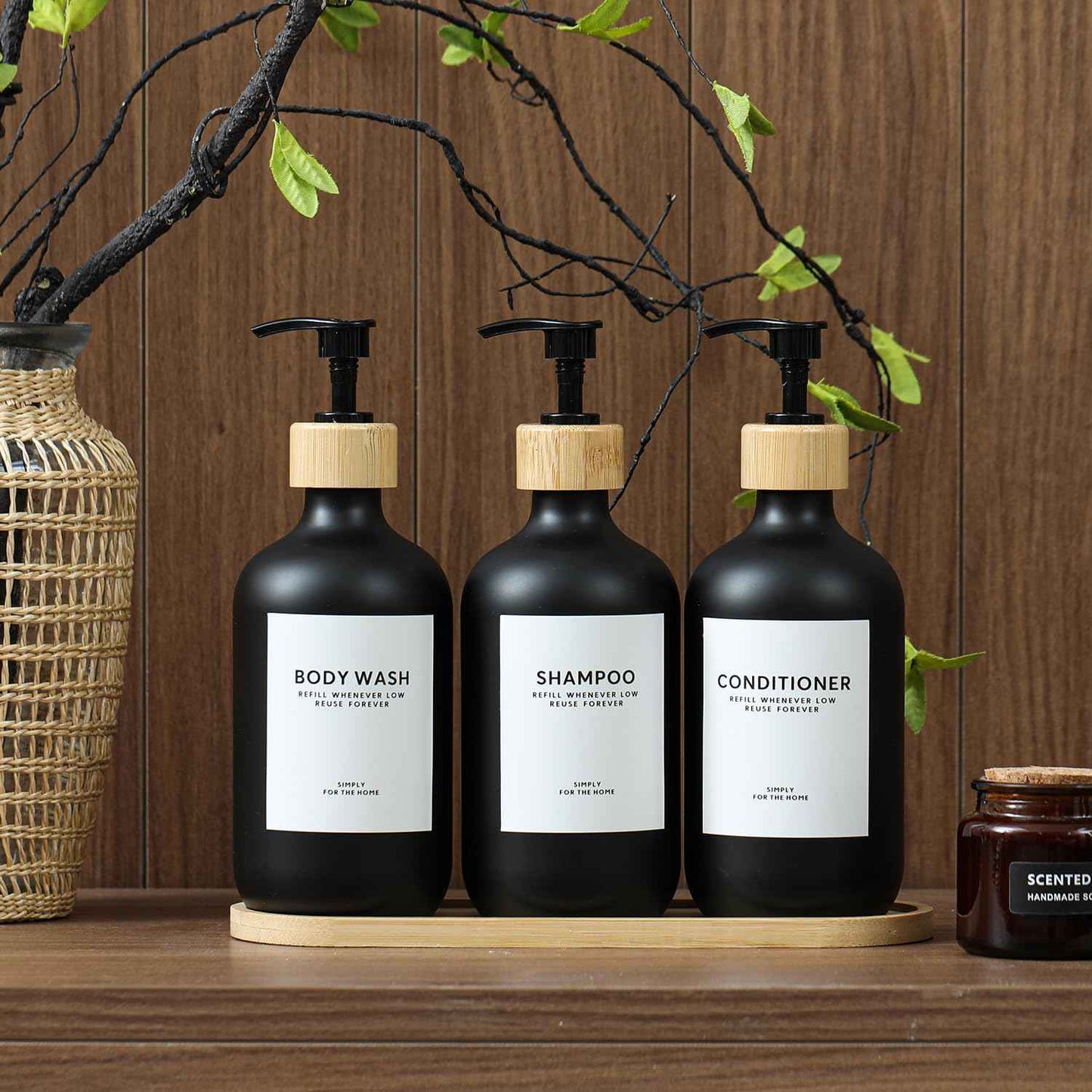 Shampoo and Conditioner Dispenser,16.9 fl oz Set of 3 Black Plastic Refillable Shower Shampoo Dispenser with Bamboo Tray, Reusable Pump Bottles with Labels for Bathroom Décor (Black+Bamboo Tray)
