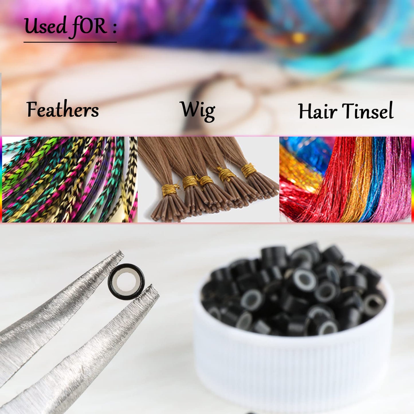 NIACONN 1000pcs Micro link Beads 5mm for Hair Extensions, Silicone Lined Rings Hair Extensions Tool - Black