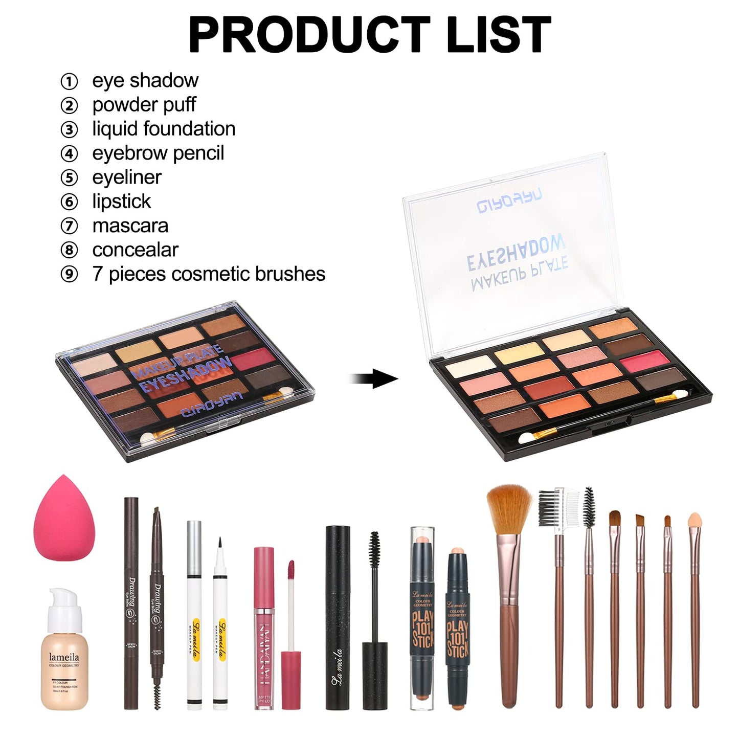 All in One Makeup Kit For Women Girls Teens Makeup set 16 Colors Eyeshadow Palette Foundation Eyeliner Contouring Stick Lip Gloss Eyebrow Mascara Makeup Brushes Makeup Gift Sets