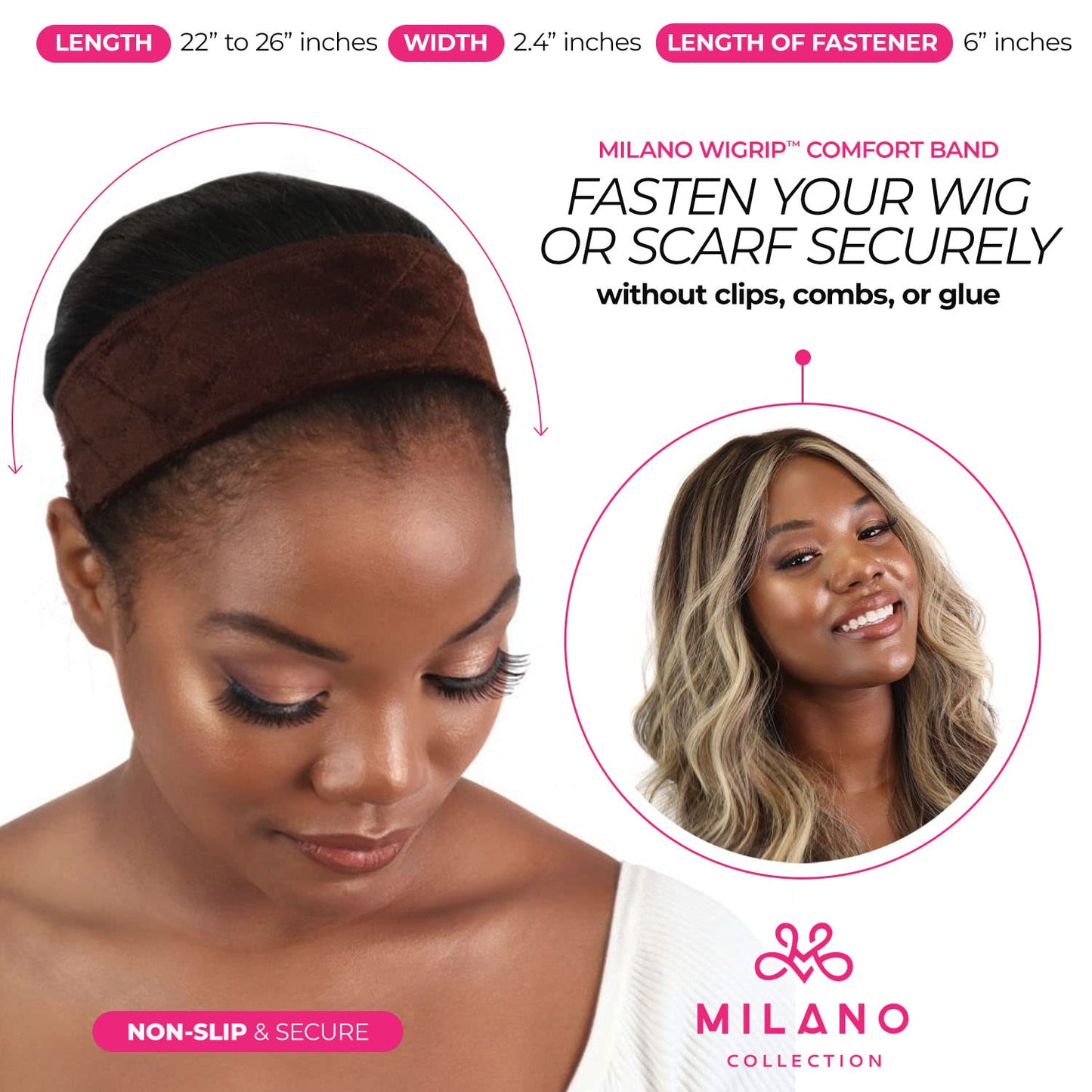 MILANO COLLECTION WiGrip & GripCap Combo, The Original Comfort Grip Band & Wig Grip Cap, Adjustable Wig Band for Tension-Free Glueless Wig, Nonslip Wig Headband, Brown, 2 Pack