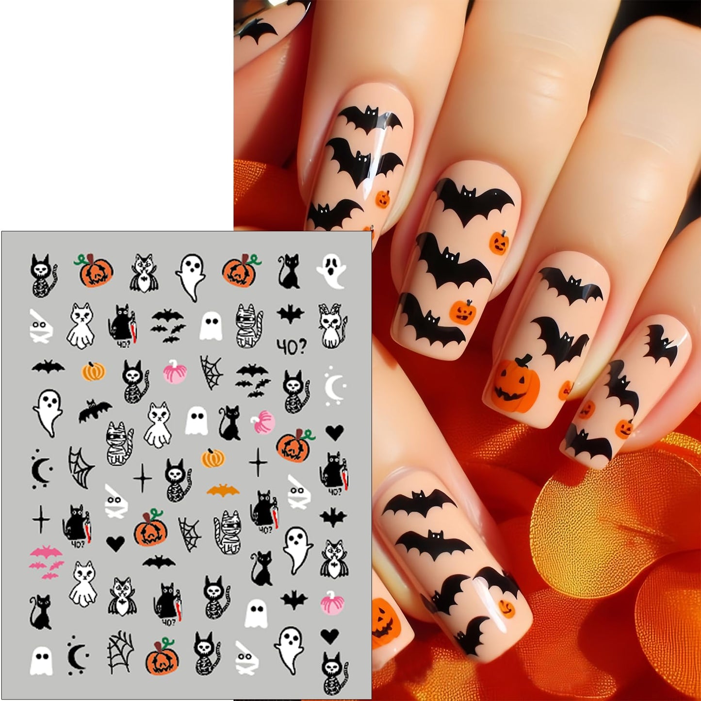 8Sheets Halloween Nail Art Stickers Cute Zombie Ghost Nail Decals 3D Self-Adhesive Bat Skull Spider Nail Sticker Pumpkin Cat Day of The Dead Nail Decoration Nail Supplies for Women Girls Holiday DIY