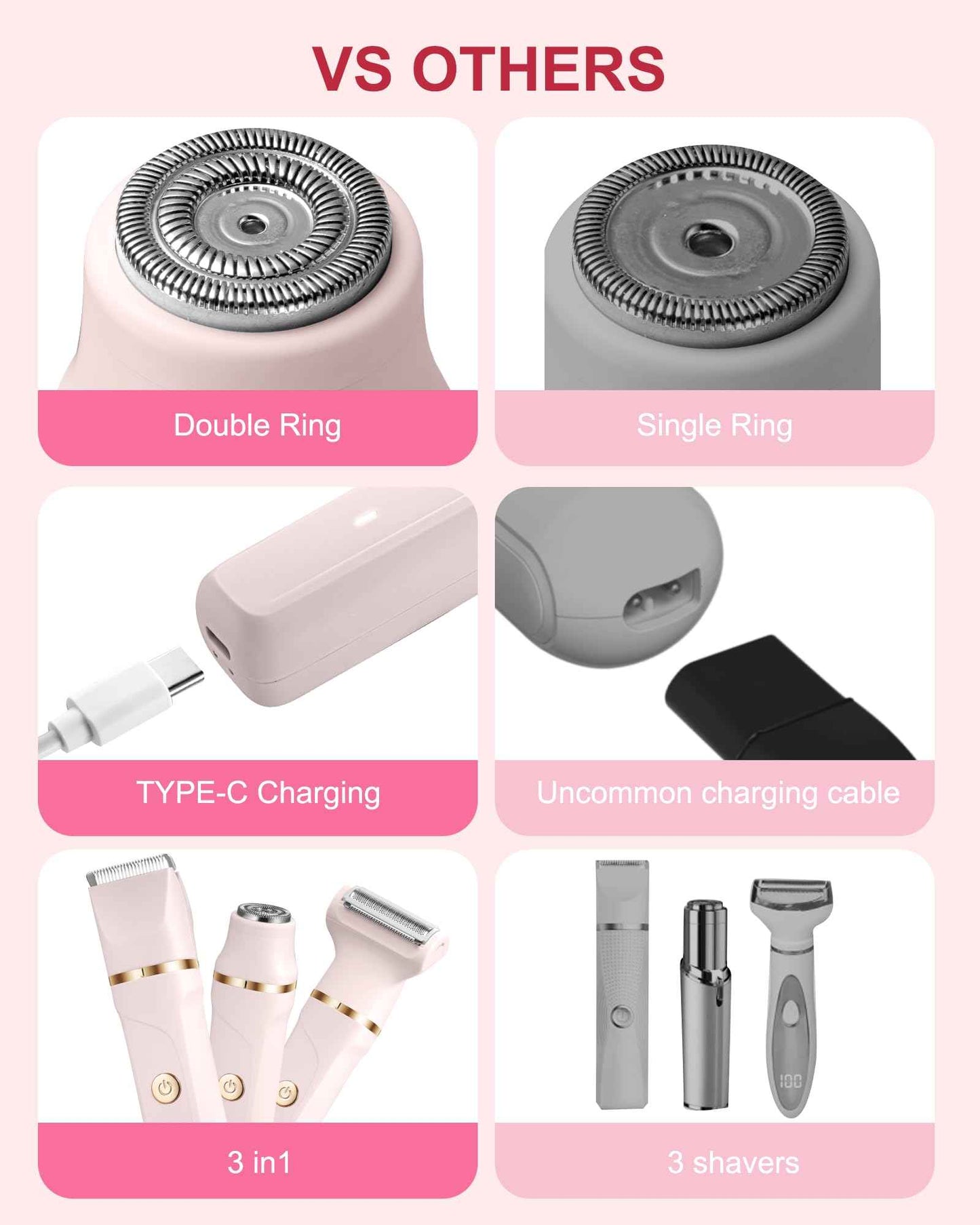 Bikini Trimmer for Women - 3-in-1 Painless Electric Razor Shaver,IPX7 Waterproof&Easy Cleaning for Pubic Hair,Face,Body with Ceramic Blades,USB Rechargeable,Wet&Dry Use(Peach)