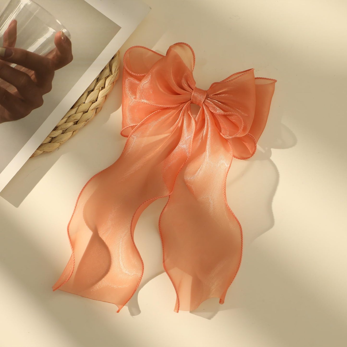 papasgix Hair Bow Clips: Big Silk Ribbon Bows in Solid Colors, Long Silk Ribbons for Women and Girls (1, Orange)