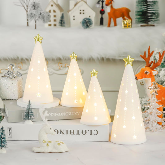 4 Pcs Ceramic Christmas Tree with Light White Table Top Christmas Decorations Indoor Vintage Porcelain Lighted Tree for Holiday Decor (Gold)