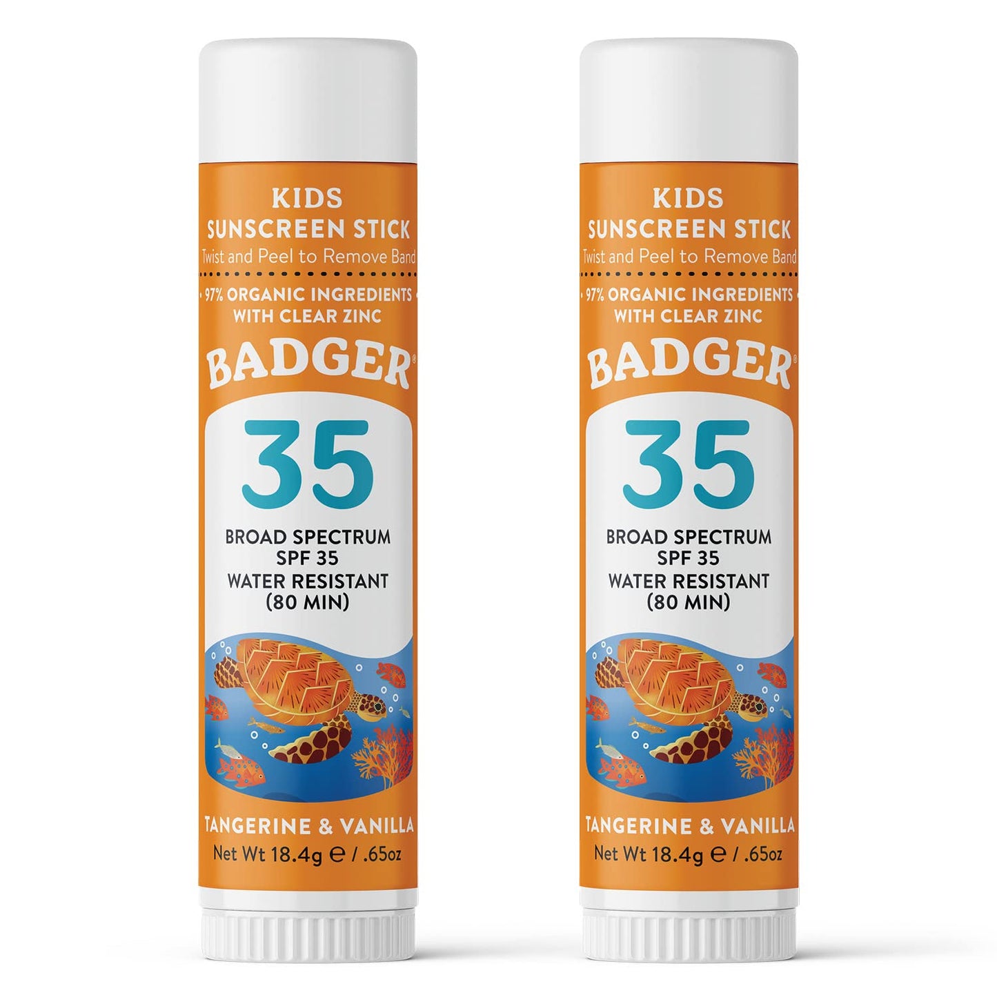 Badger Kids Sunscreen Stick SPF 35 with Mineral Zinc Oxide, Travel Size Sunscreen Stick for Kids, 97% Organic Ingredients, Reef Friendly, Broad Spectrum, Water Resistant, 65 oz (2 Pack)